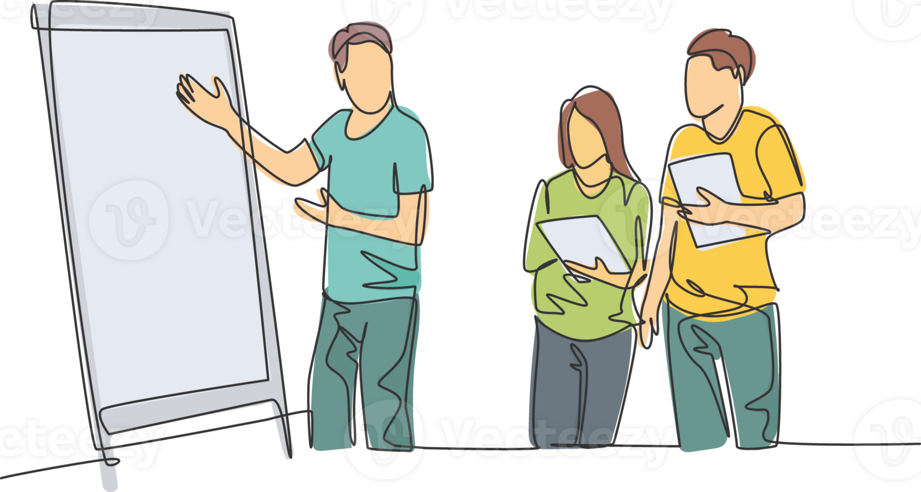 One single line drawing of young happy startup members discussing company growth and writing at flip chart. Business presentation concept continuous line graphic draw design illustration png