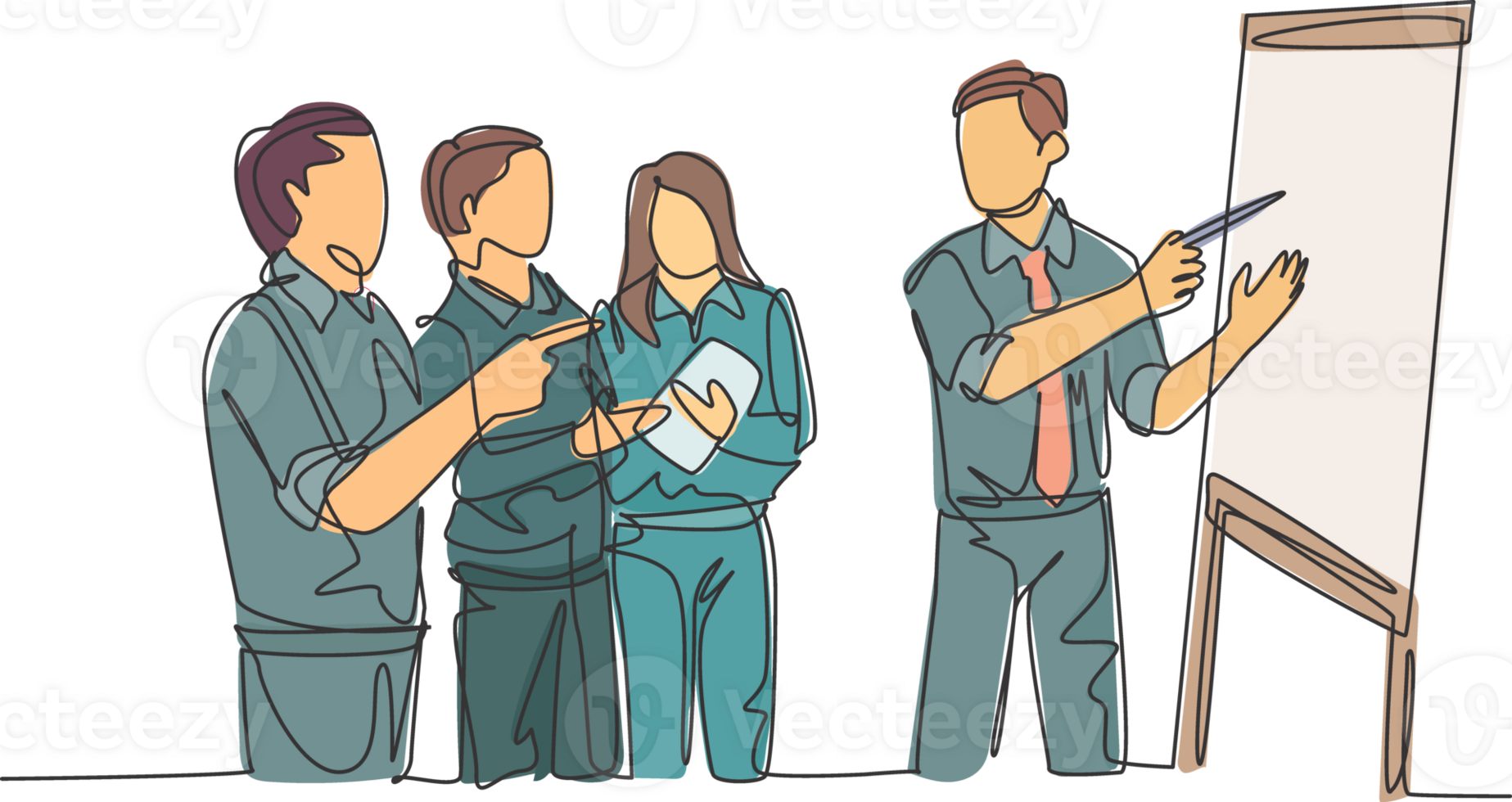 One single line drawing of young happy manager giving presentation about increasing product sales to his team at the office. Group meeting concept continuous line draw design illustration png