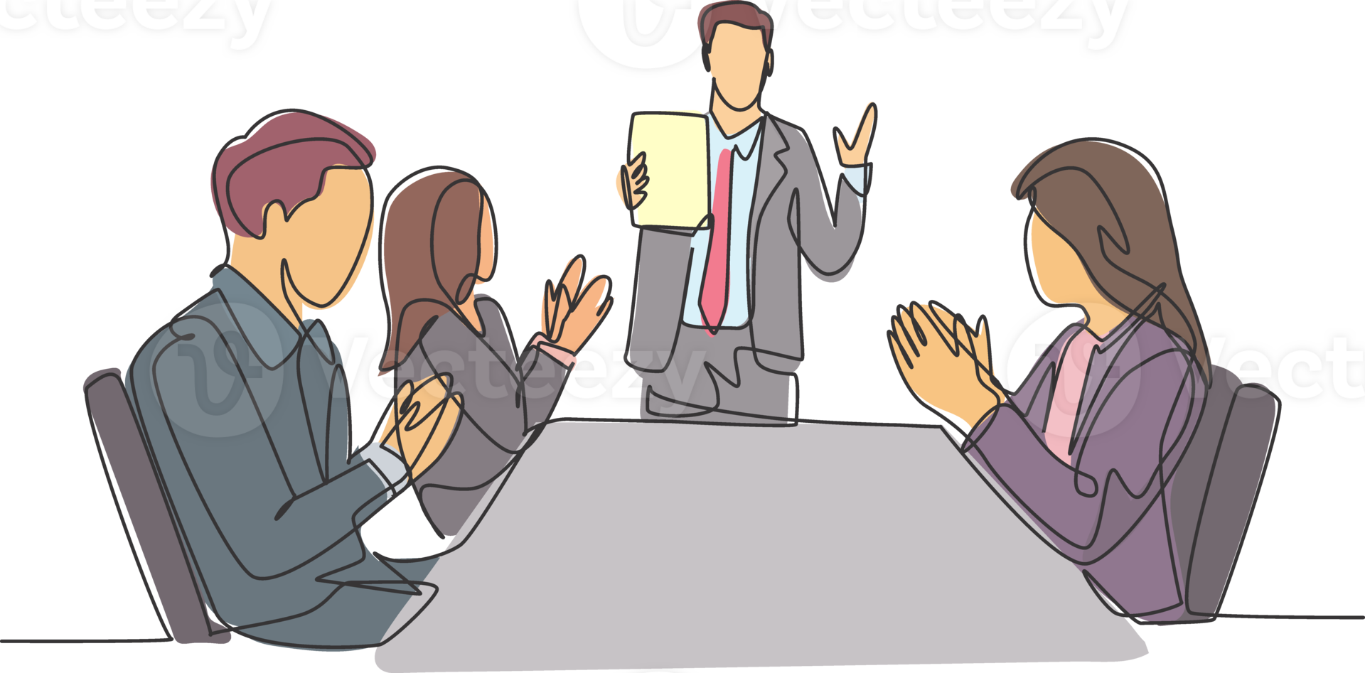 One single line drawing of young happy manager giving interpersonal skill lesson at team meeting in the office. Business presentation concept continuous line draw design illustration png