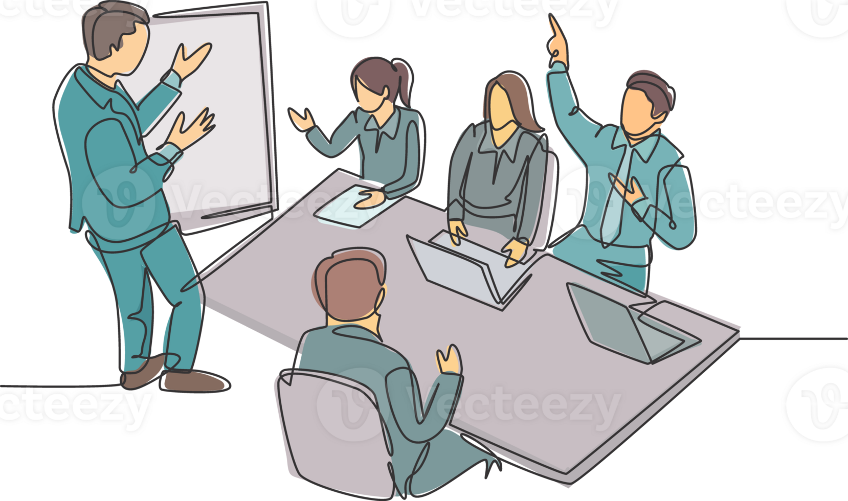 One single line drawing of young business manager giving presentation to train apprentices at the office during meeting. Job training concept continuous line graphic draw design illustration png