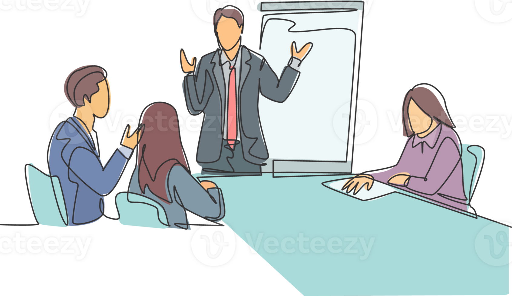 One single line drawing of young businessman giving business coaching to class members at the office. Group training and meeting concept continuous line draw design illustration graphic png