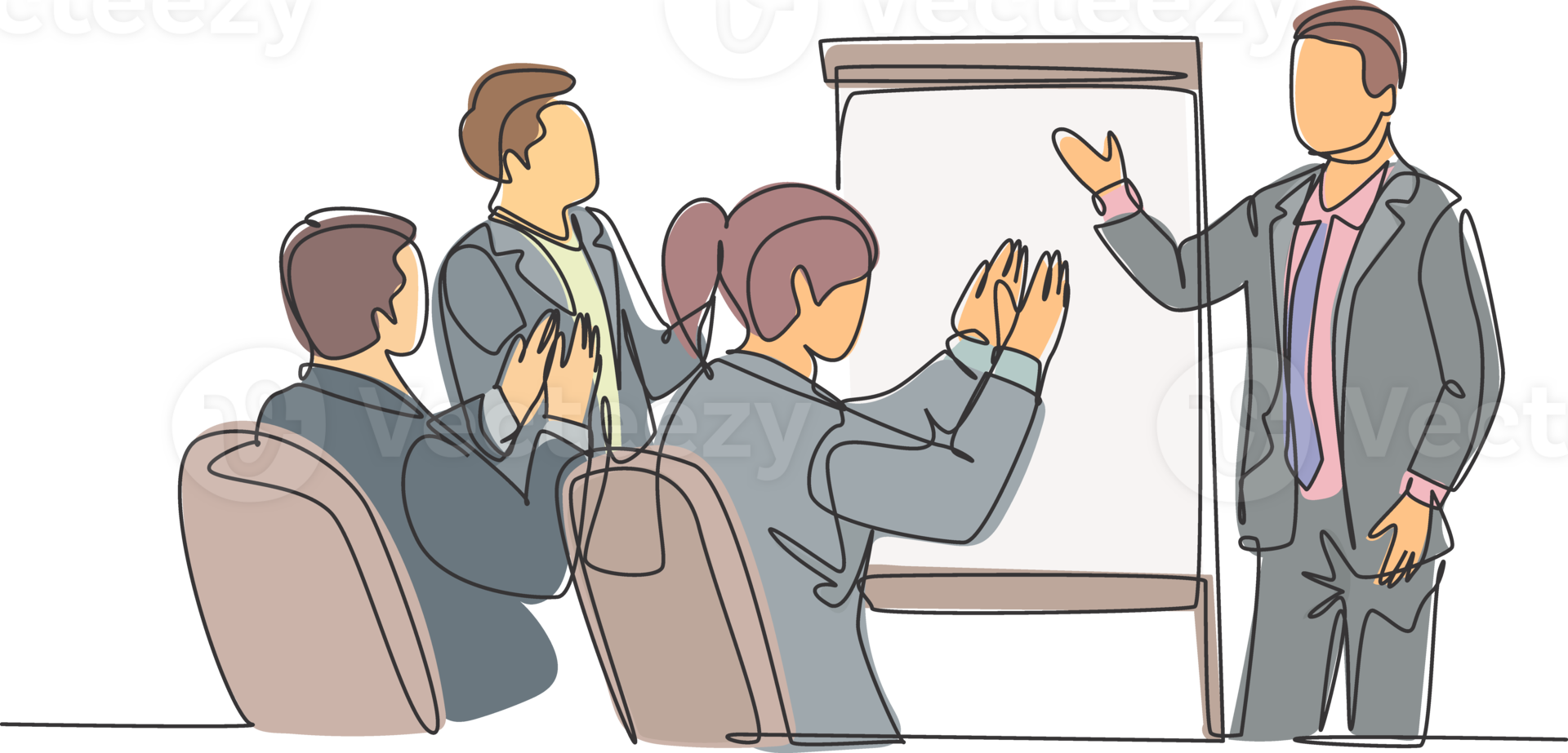 Single continuous line drawing of young happy startup founder presenting business proposal to the investors and get applause. Business pitching concept one line draw design graphic illustration png