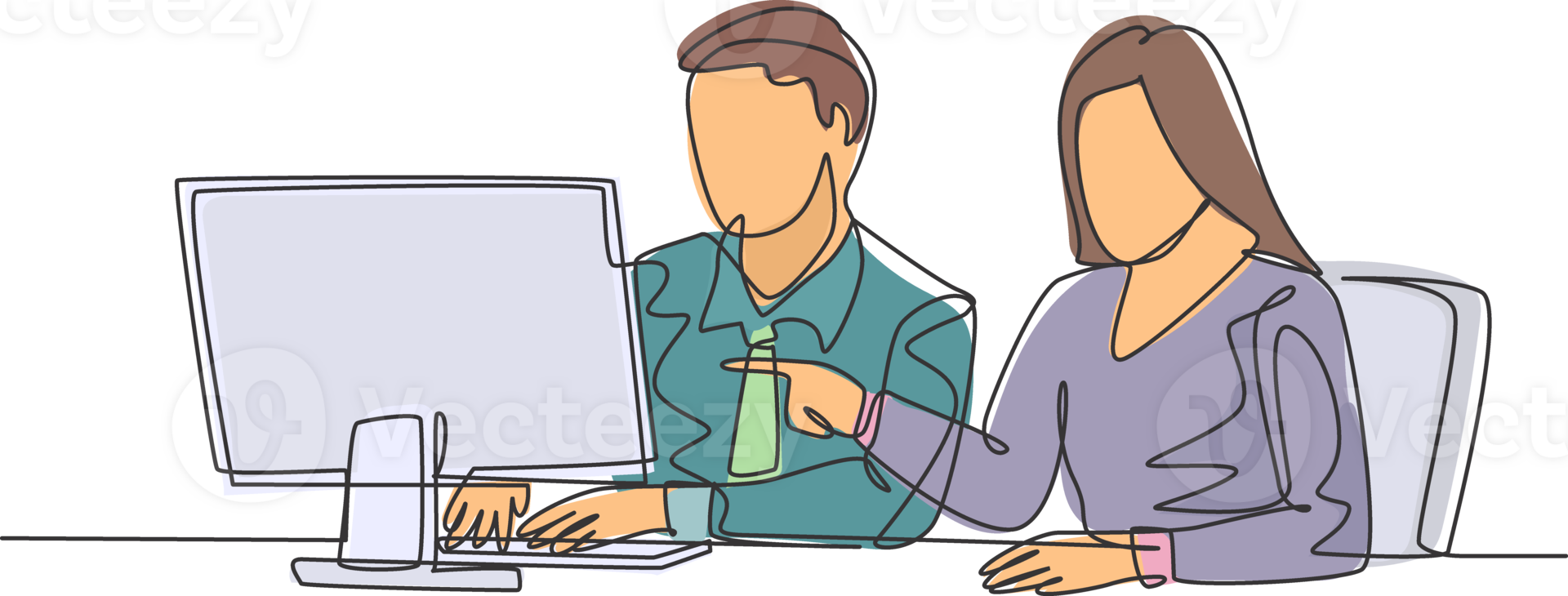 Single continuous line drawing of two young serious male and female worker watching sales chart on computer screen. Sales growth business concept one line draw design graphic vector illustration png