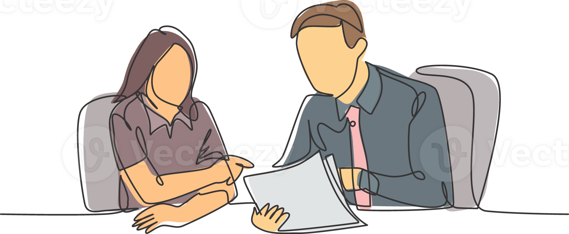 One single line drawing of two young male and female worker holding a paper and discussing about work together at the office. Job discussion concept continuous line draw design illustration png