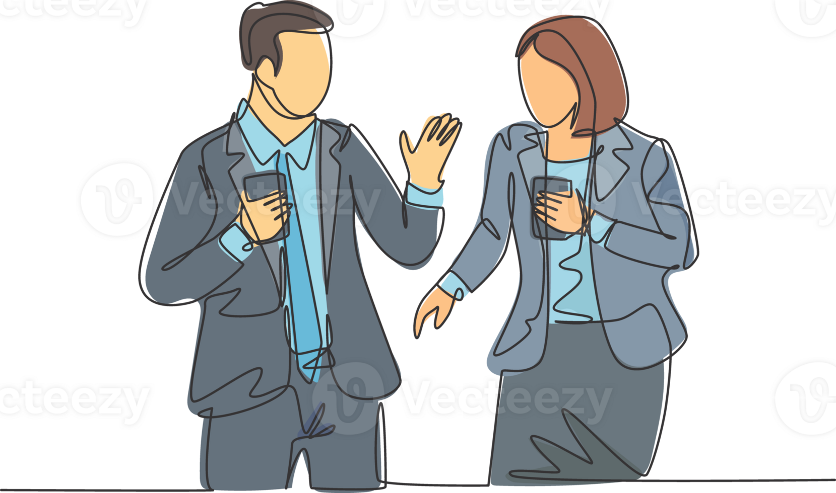 Single continuous line drawing of two young male and female startup founders have a business talk over soft drink. Business chat during office break concept one line draw design illustration png