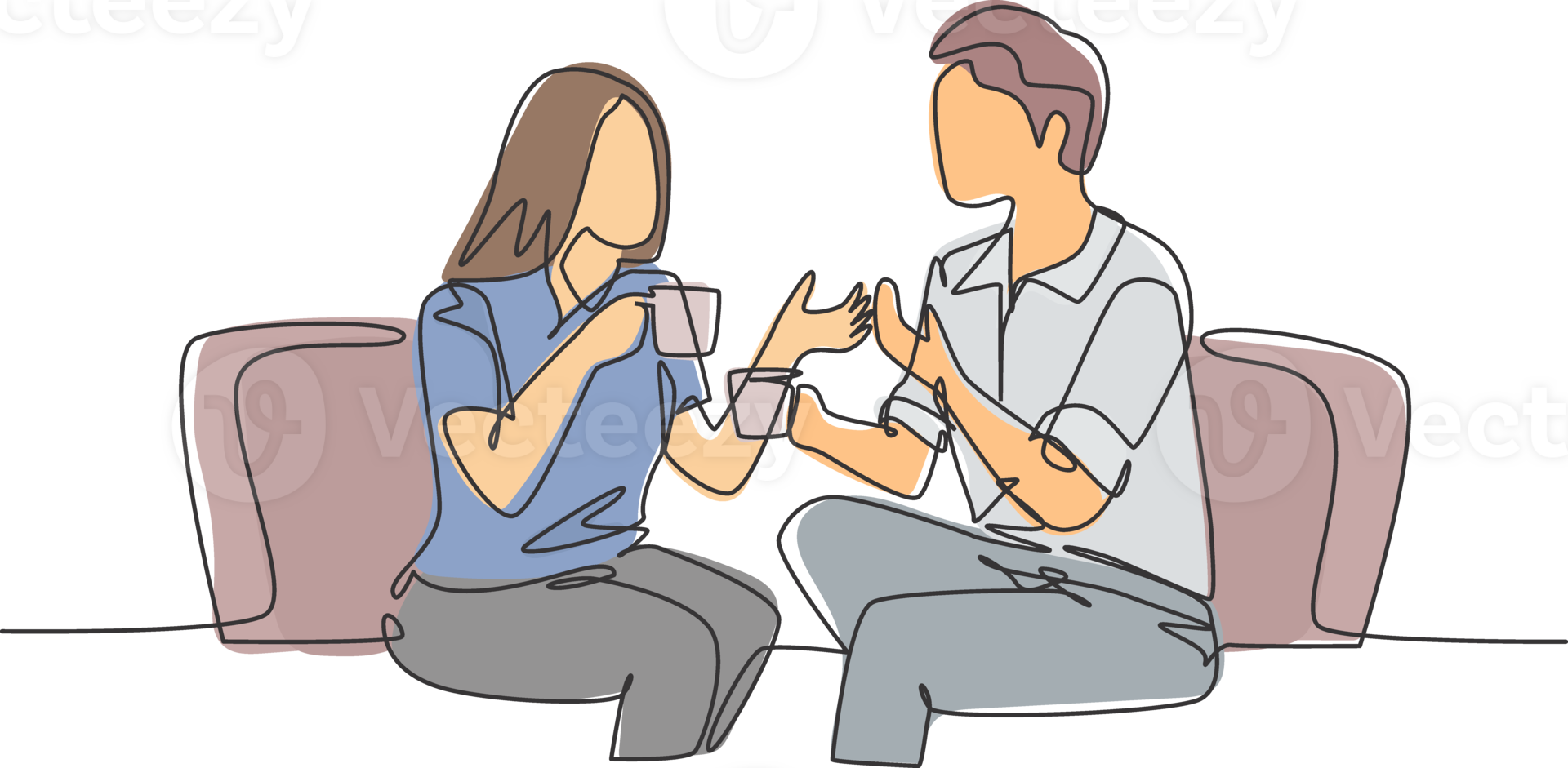 One continuous line drawing of young male and female worker chatting together while drink a cup of coffee during office break. Rest break at work concept single line draw design illustration png