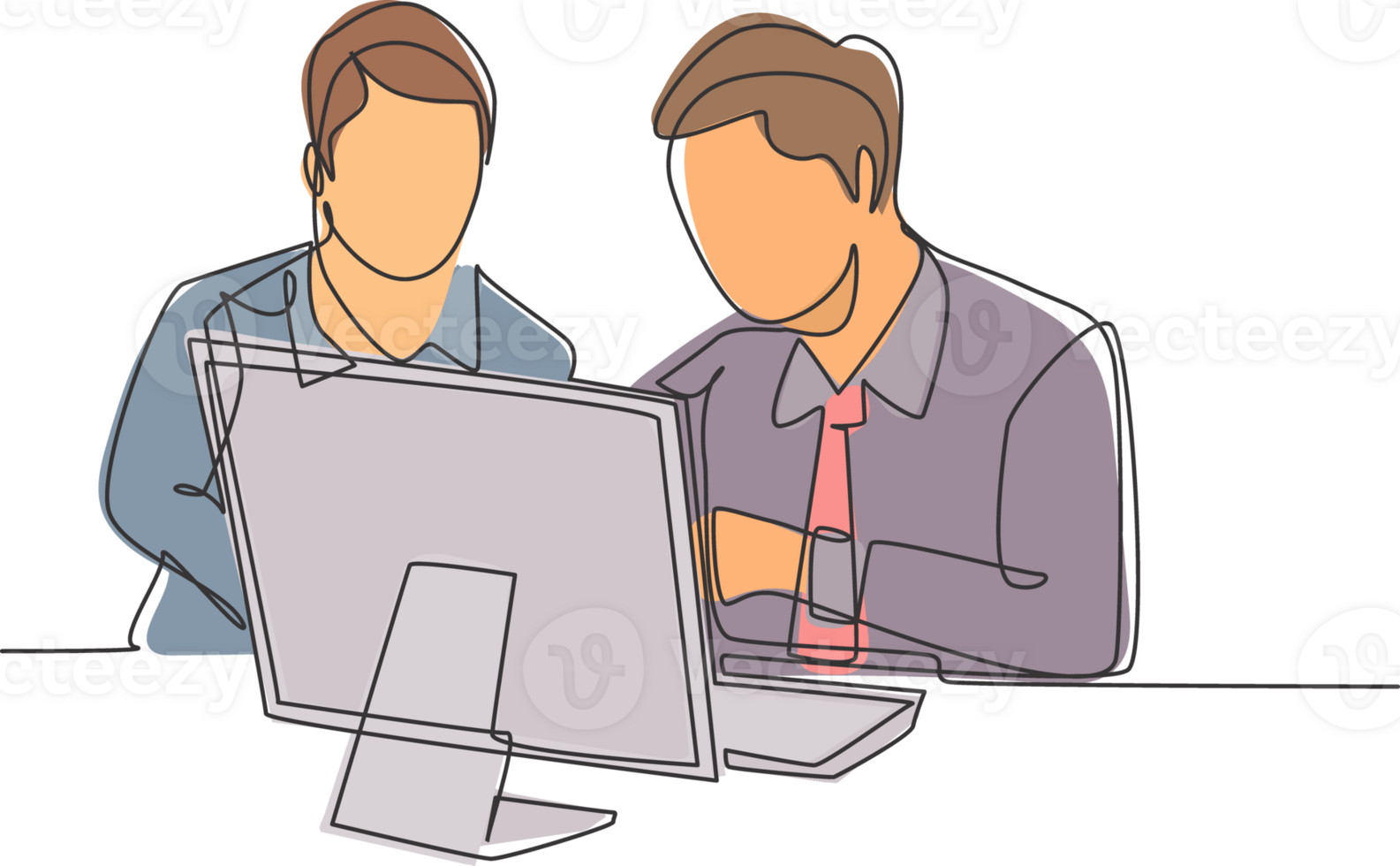 Single continuous line drawing of two young sales manager analyze sales growth chart on screen monitor with marketing staff. Sales growth evaluation concept one line draw design illustration png