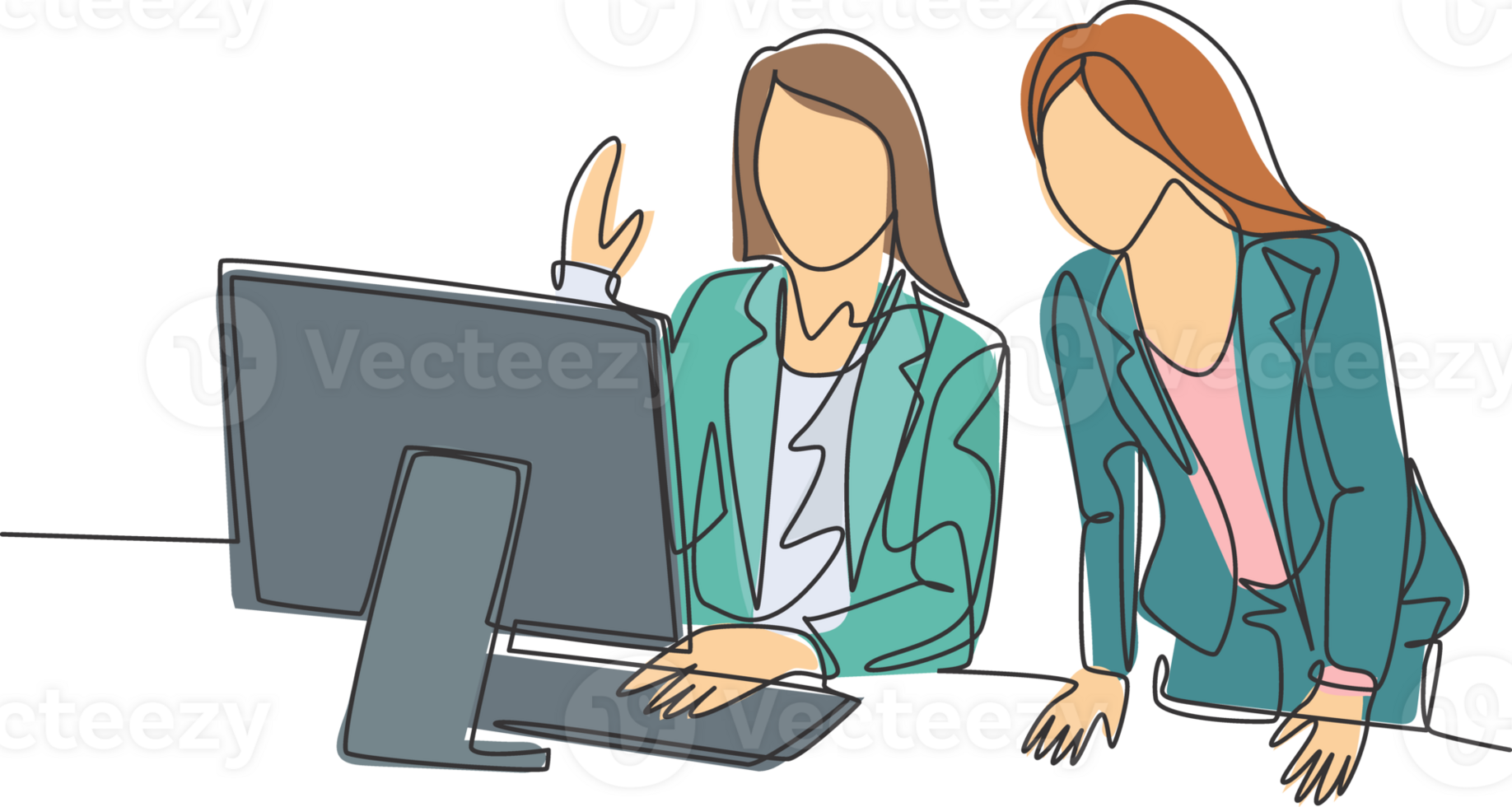 One single line drawing of two young female workers learning work skill by watching video tutorial on screen together. Video conference concept continuous line draw graphic design illustration png