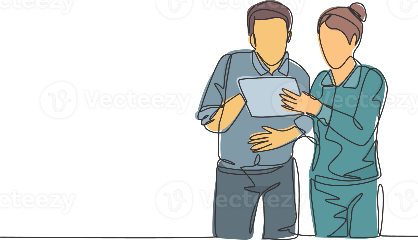 One single line drawing of two young male and female workers watching stock movements on tablet together at the office. Stockbroker concept continuous line draw design graphic illustration png