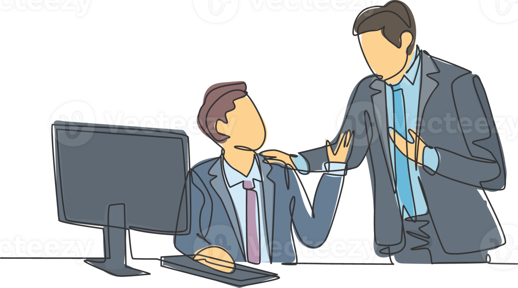 One single line drawing of young manager take a talk to teach new employee about finishing the job during working at office. Work tutor concept continuous line draw design graphic illustration png