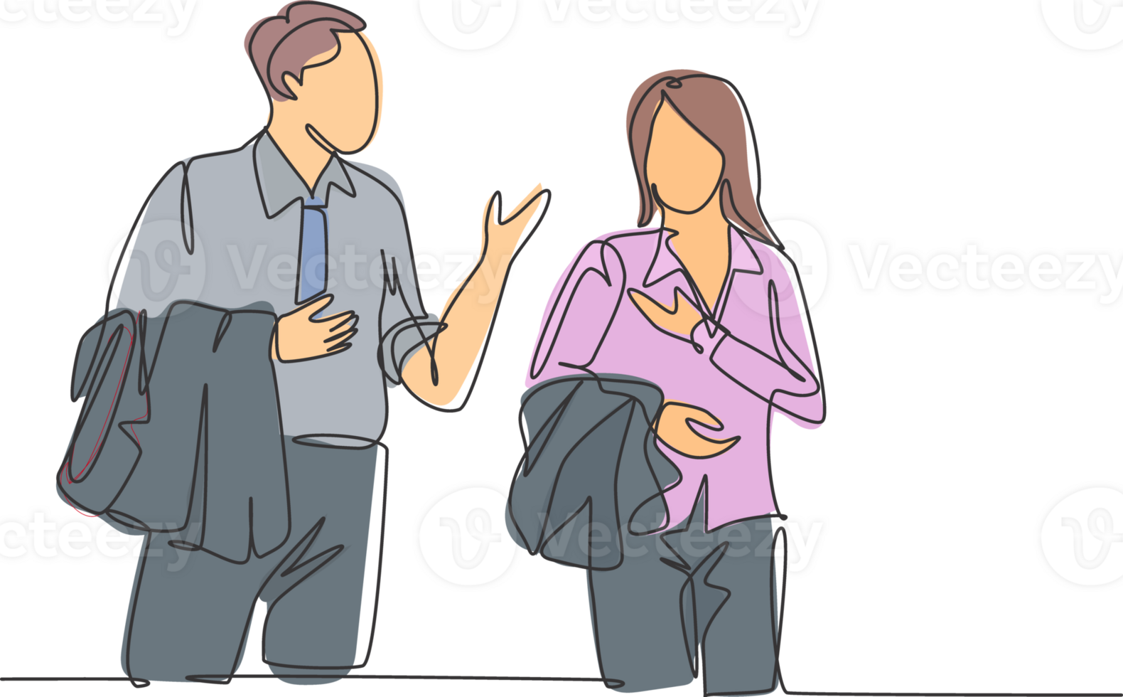 Single continuous line drawing of two young happy male and female workers get conversation together after office hour. Work small talk. Trendy concept one line draw design graphic illustration png