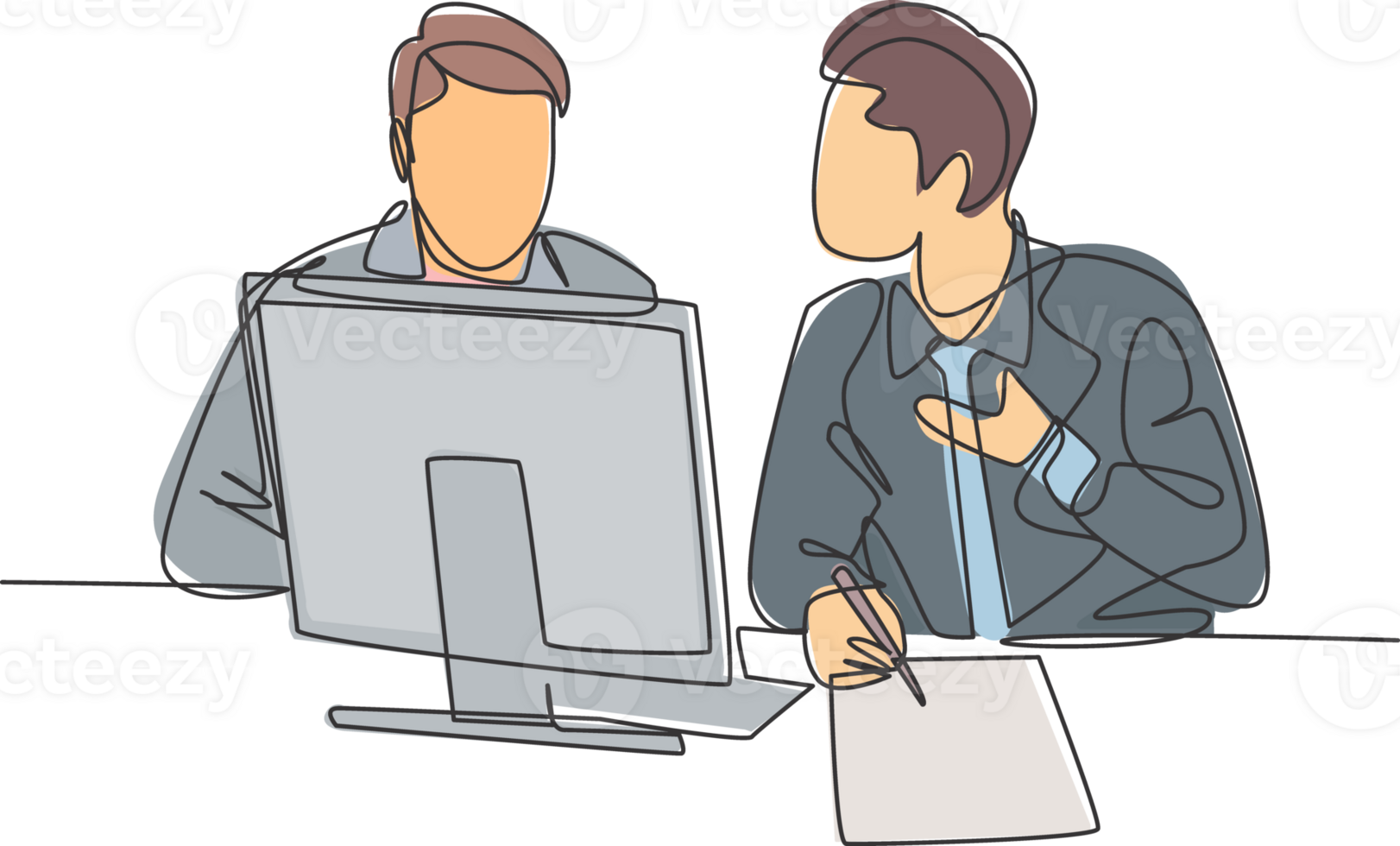 Single continuous line drawing of two young happy business owner discussing product innovation with partner. Brainstorming during business meeting concept one line draw design illustration png