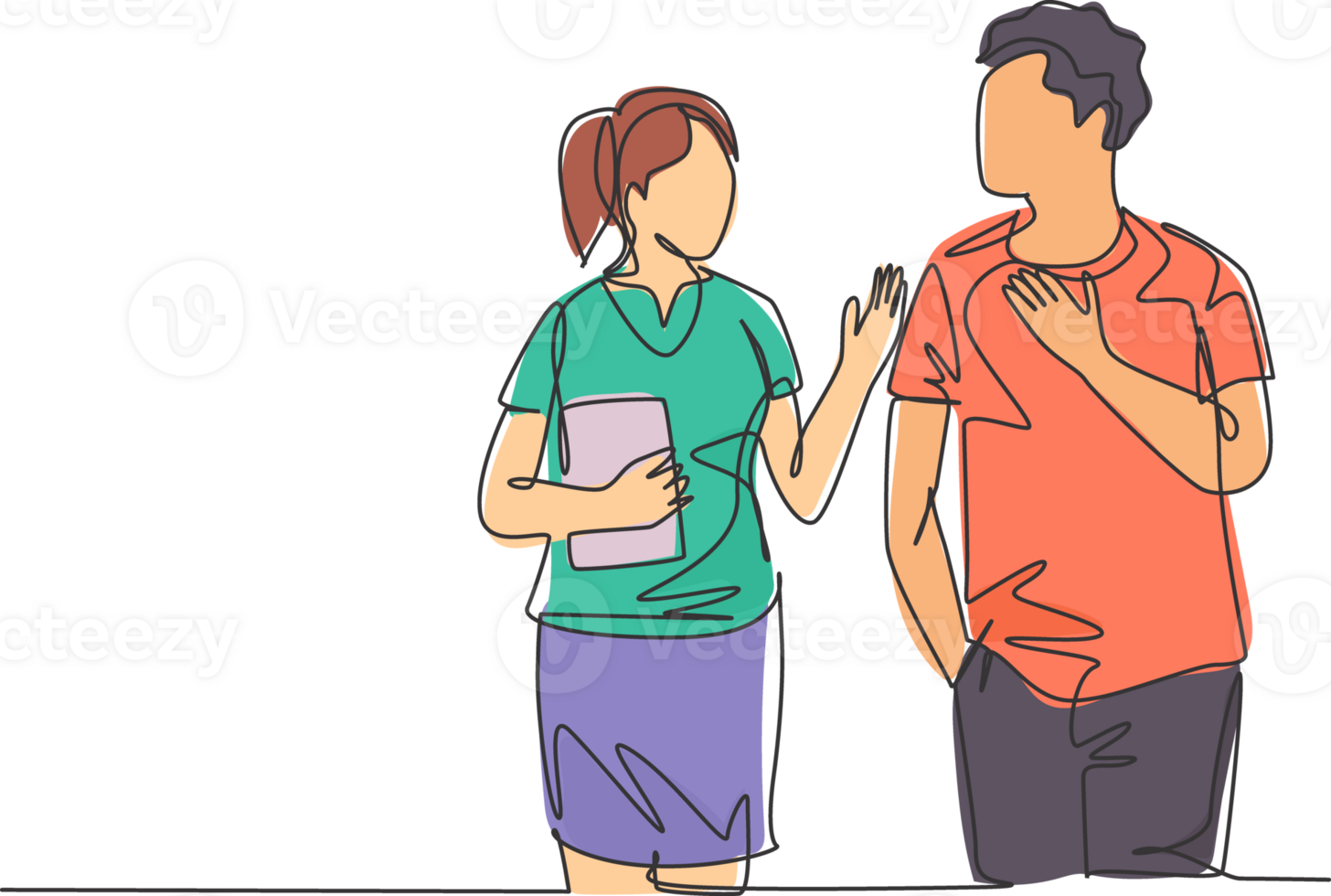 One continuous line drawing of young happy male and female couple take a talk and walk after course. Romantic lover relationship concept. Modern single line draw design illustration graphic png