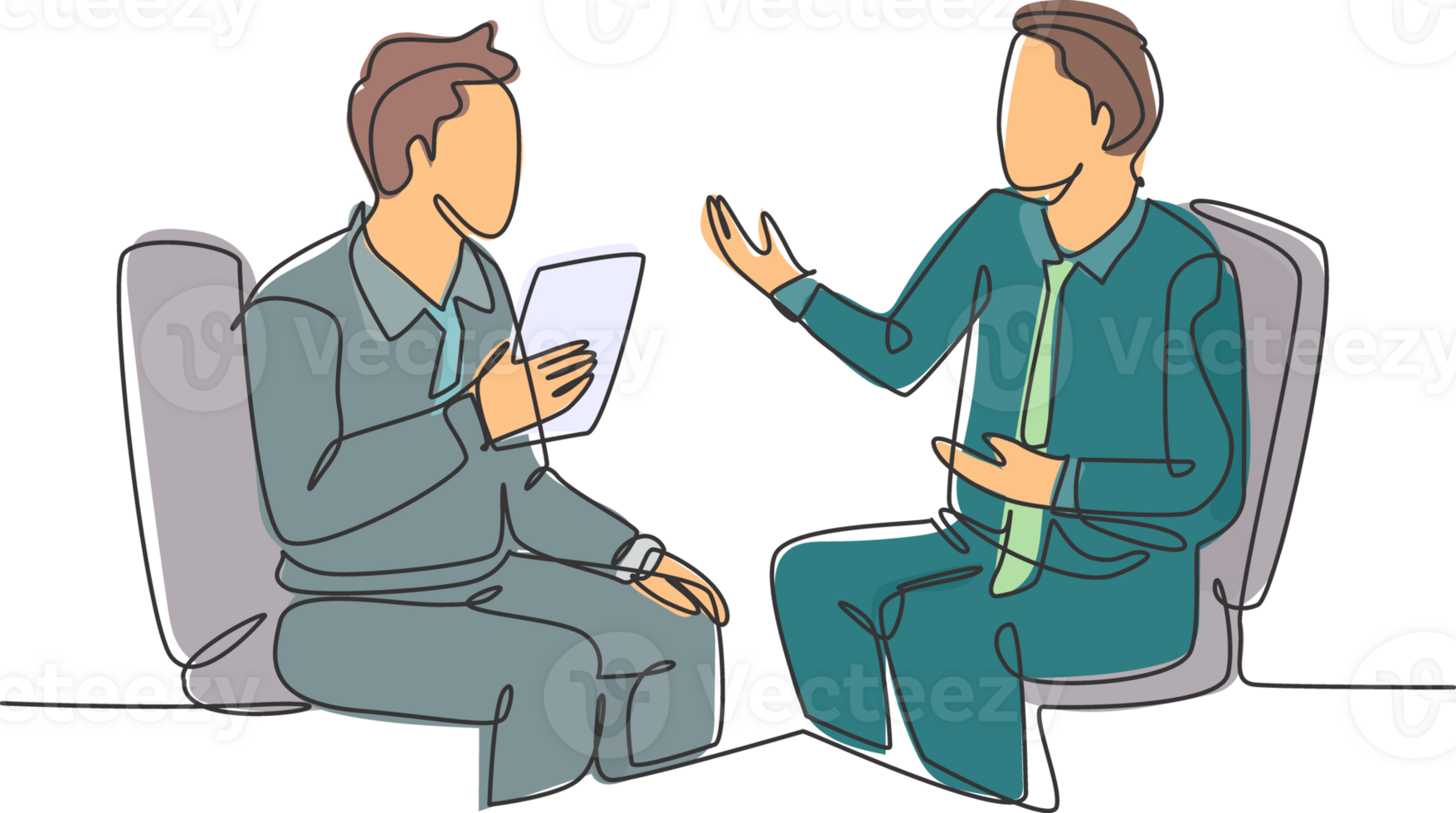 One continuous line drawing of young happy business men discussing about new project deal with colleague during meeting. Business agreement concept single line graphic draw design vector illustration png