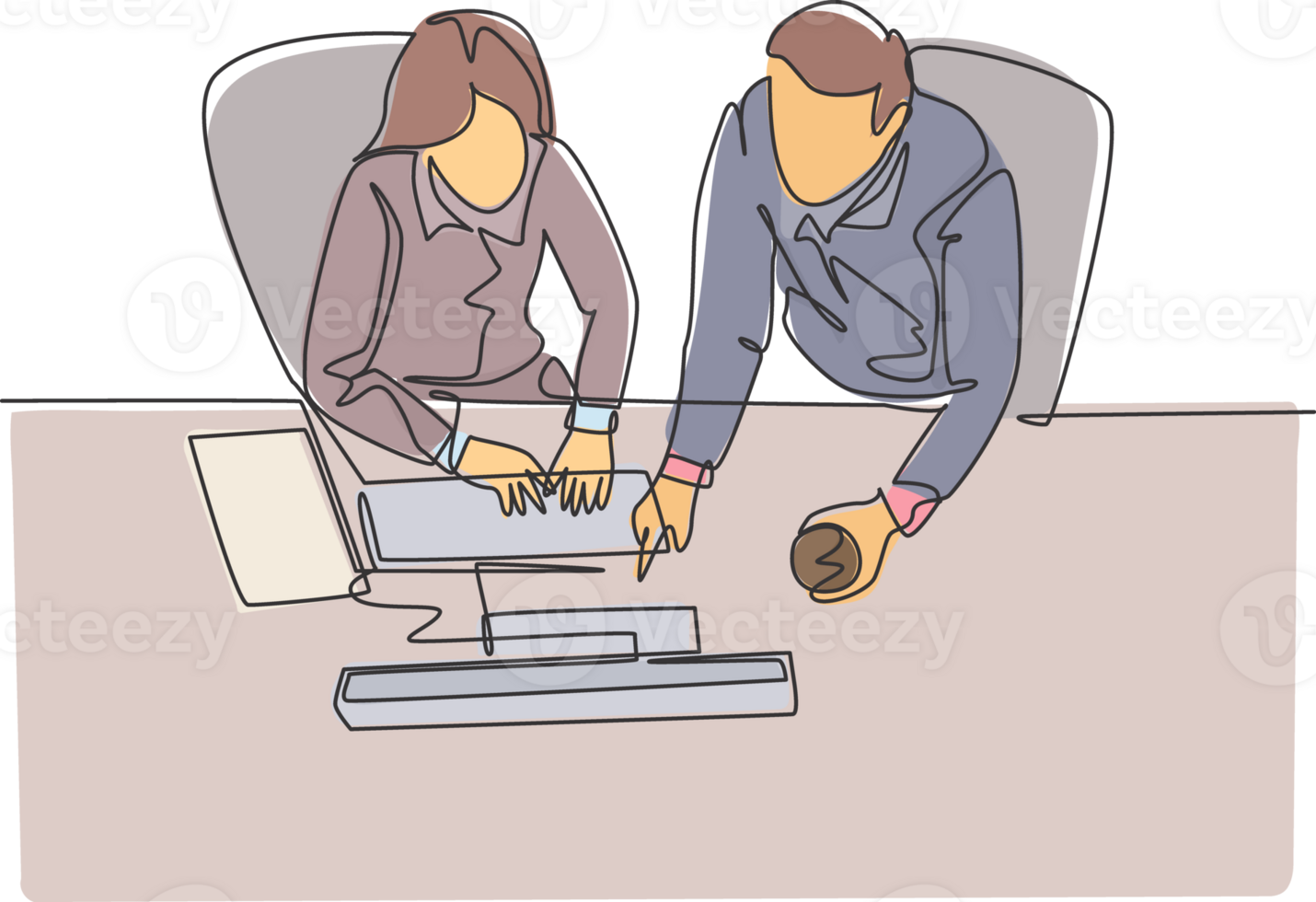 One continuous line drawing of young businessman and businesswoman talking new product launch while watching presentation on screen. Business talk concept single line draw design illustration png
