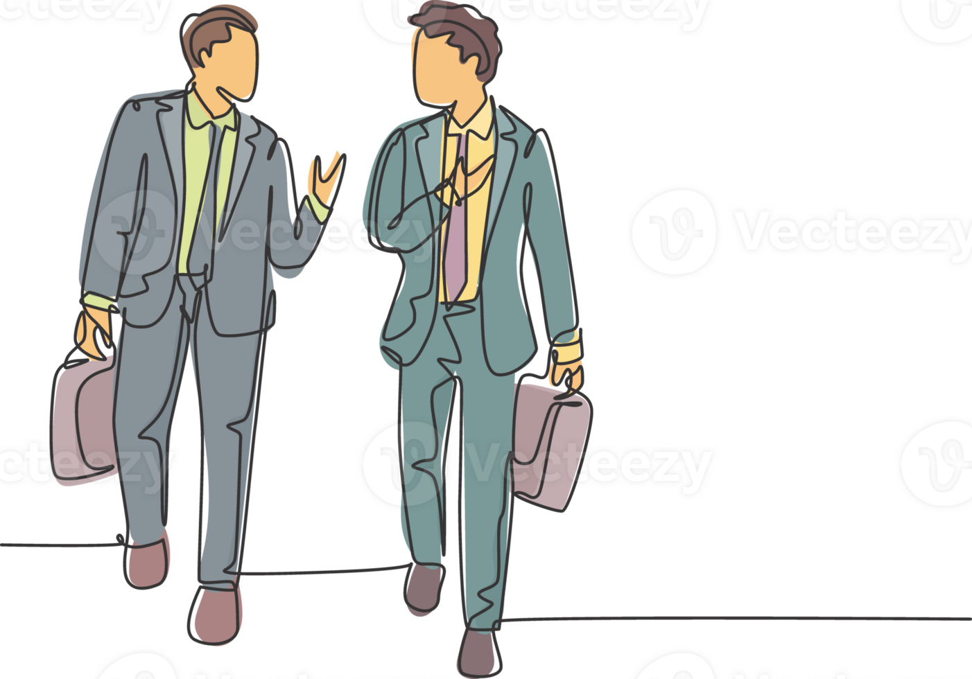 One single line drawing of two young company business men take a walk and talk together after company meeting. Business conversation concept continuous line draw design graphic illustration png