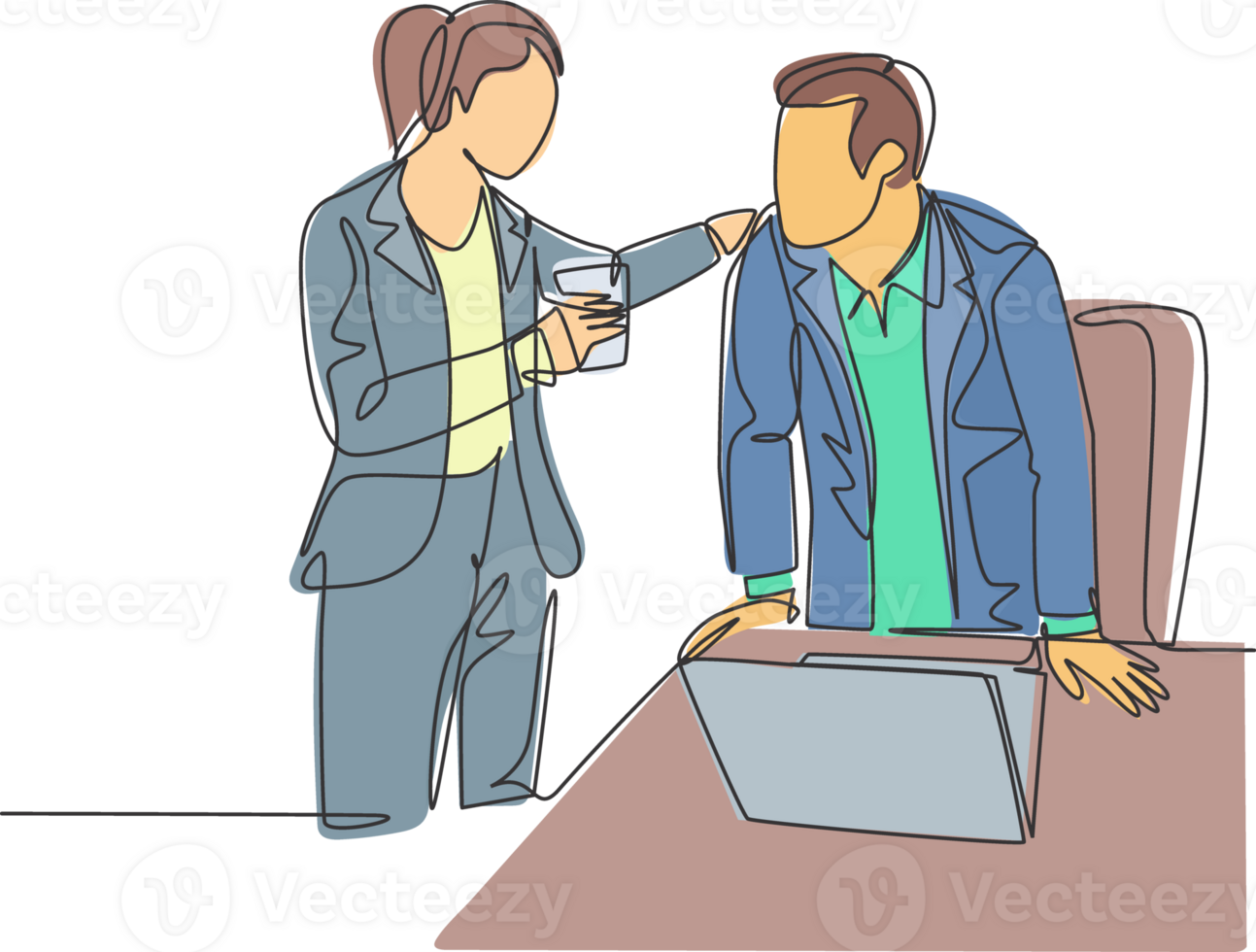 One continuous line drawing of young male and female employees engage in exciting conversations during office breaks. Rest break at work concept single line draw design graphic illustration png