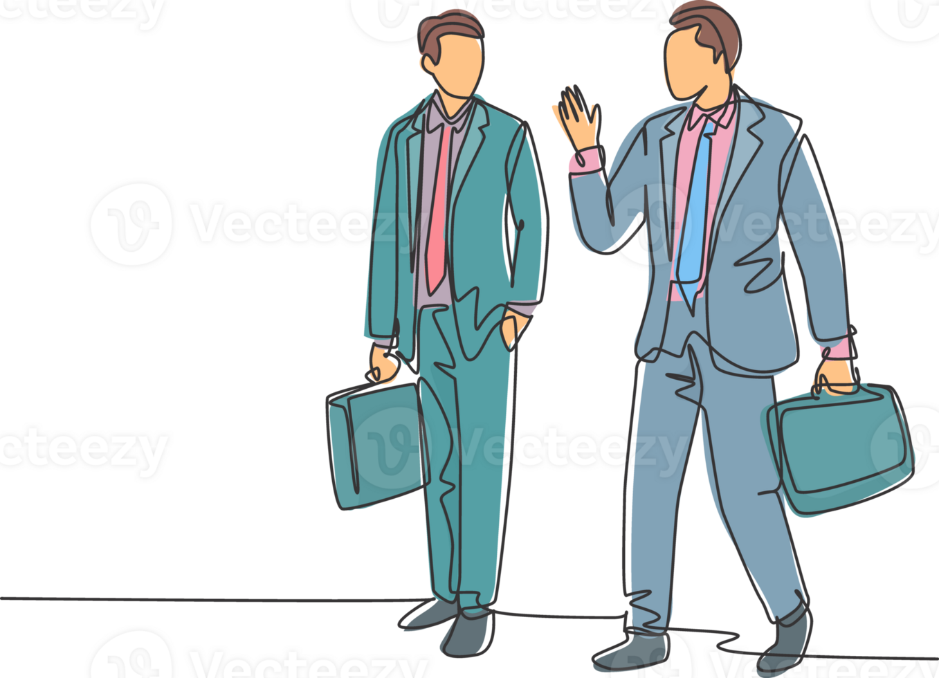 One single line drawing of two young company manager take a walk and talk together after office hour. Business conversation concept. Trendy continuous line draw graphic design illustration png