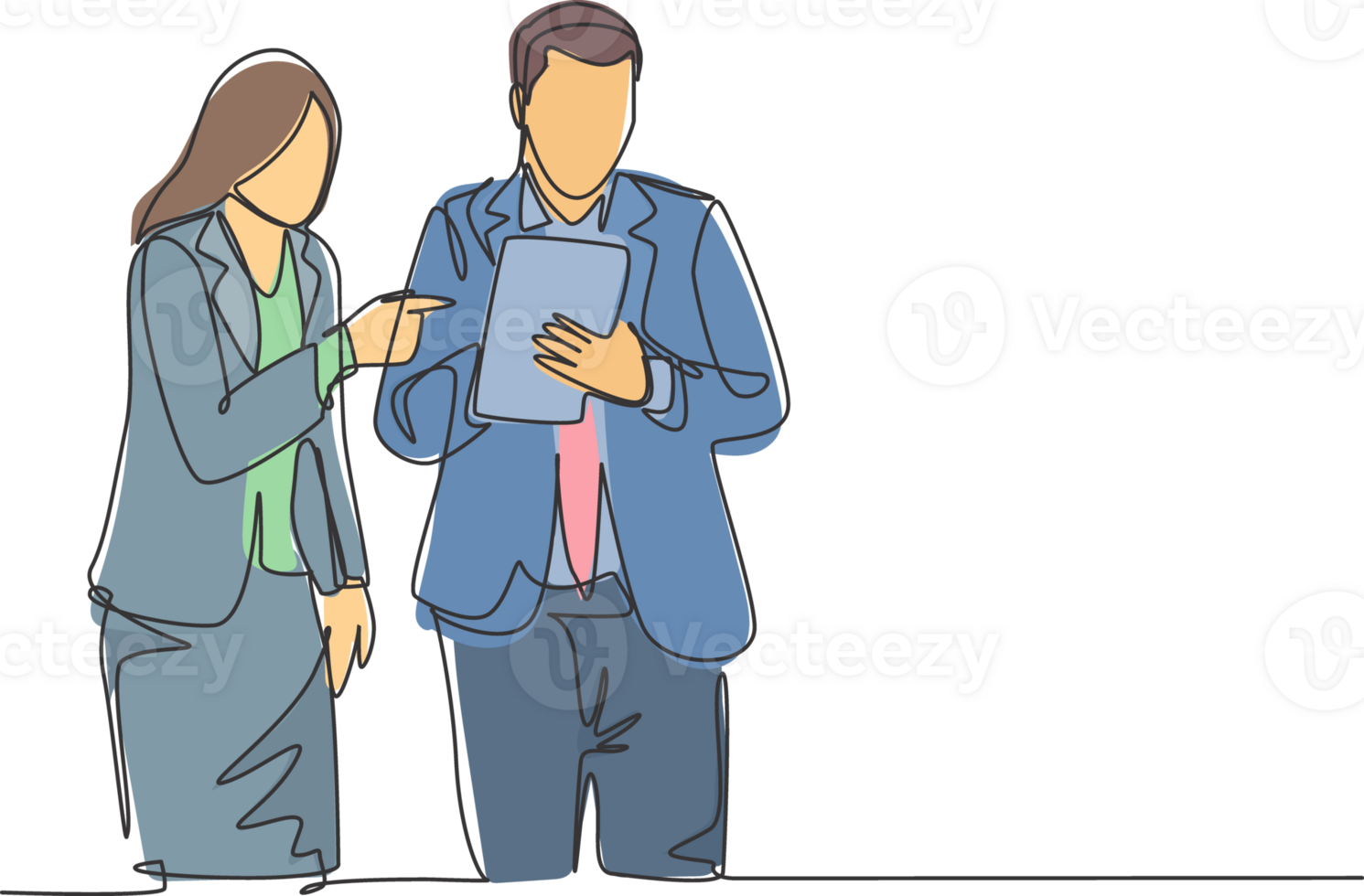 One single line drawing of young male and female employee discussing work while watching annual report graph on tablet phone. Job discussion concept continuous line draw design illustration png