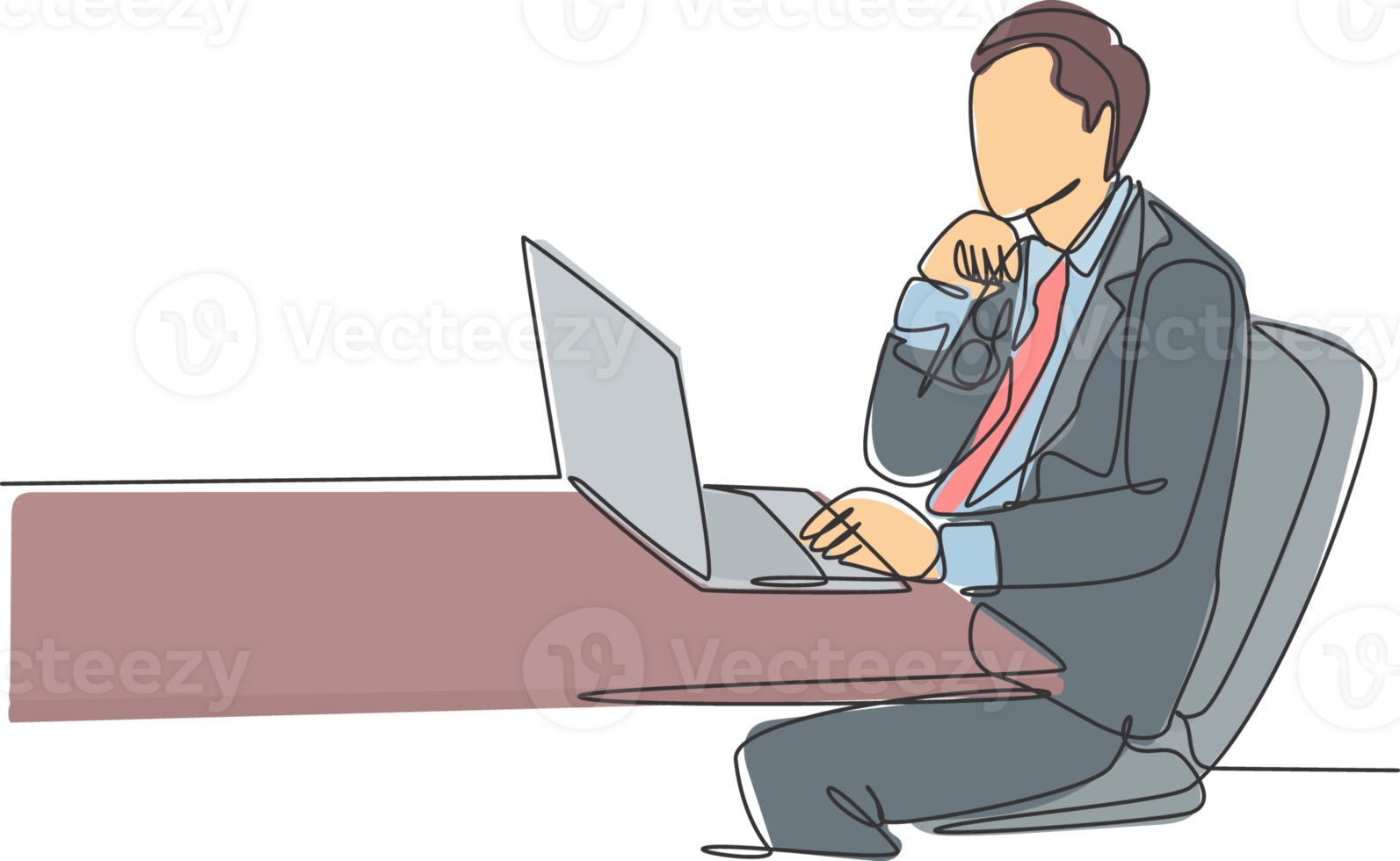 One continuous line drawing of young manager focus thinking and holding his chin using hands while sitting in front the computer. Business idea concept single line draw design illustration png
