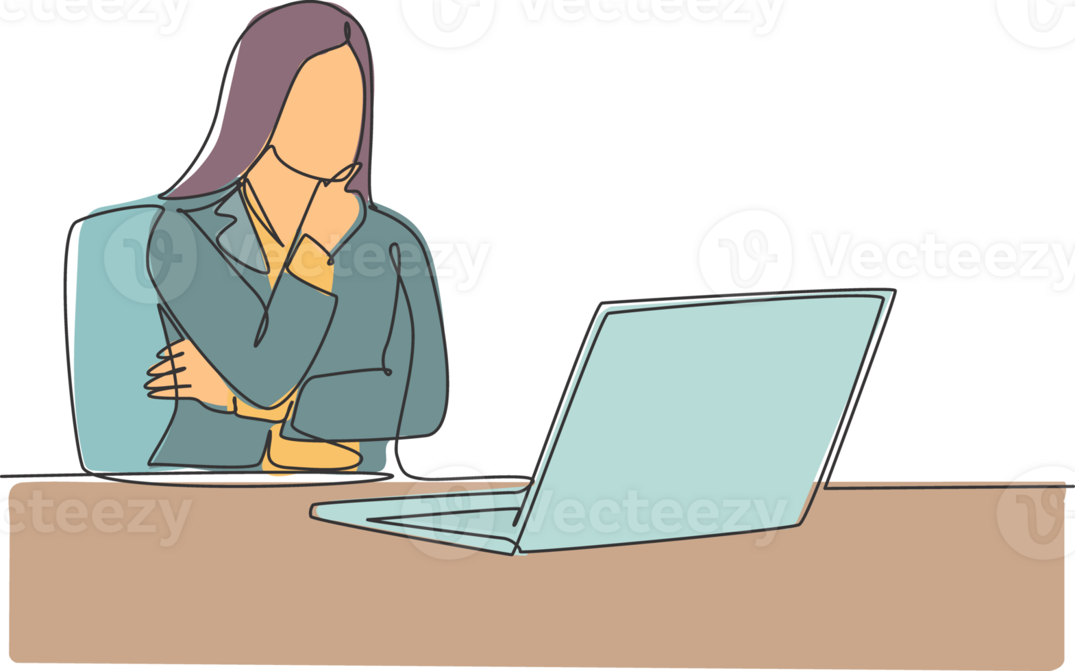 Single continuous line drawing of young female startup founder sitting in front of computer thinking sales strategy to her company. Marketing strategy concept one line draw design illustration png