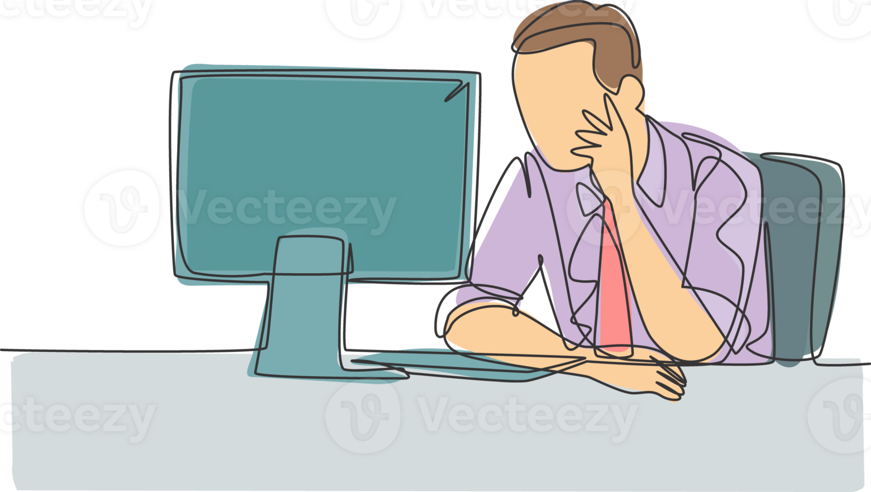 One continuous line drawing of young business manager sitting on his desk in front of laptop and thinking strategy to grow the corporate. Company growth concept single line draw design illustration png