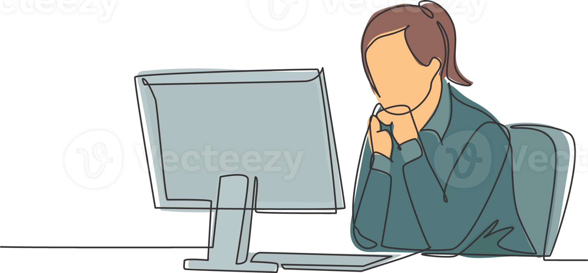 Single continuous line drawing of young female manager sitting calmly in front of laptop and thinking business strategy at the office. Business idea concept one line draw design illustration png