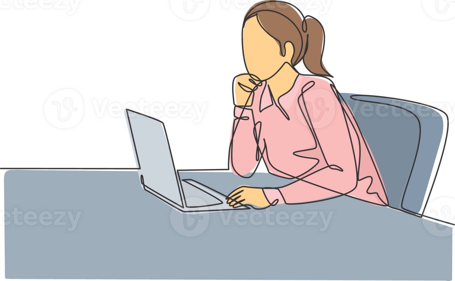 One single line drawing of young female employee sitting in front of the laptop and thinking business solution at the office. Business idea concept continuous line draw design illustration png