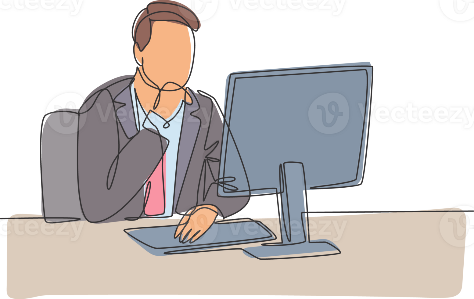 One single line drawing of young startup CEO thinking company growth while he watching annual report on computer screen. Business analysis concept continuous line draw design illustration png