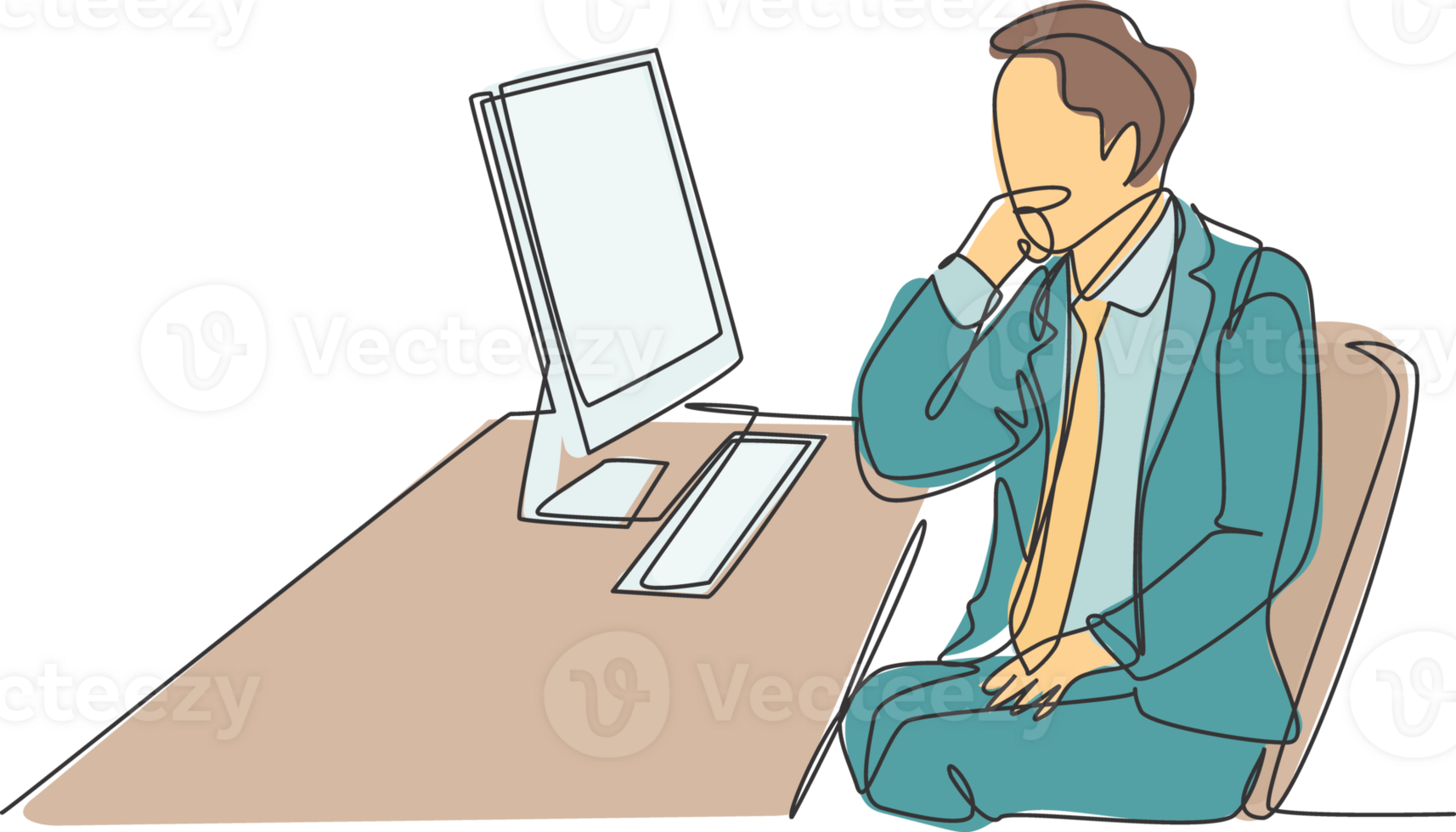 Single continuous line drawing of young startup CEO sitting on the chair and thinking while focus watching data on computer screen. Business analyze concept one line draw design illustration png