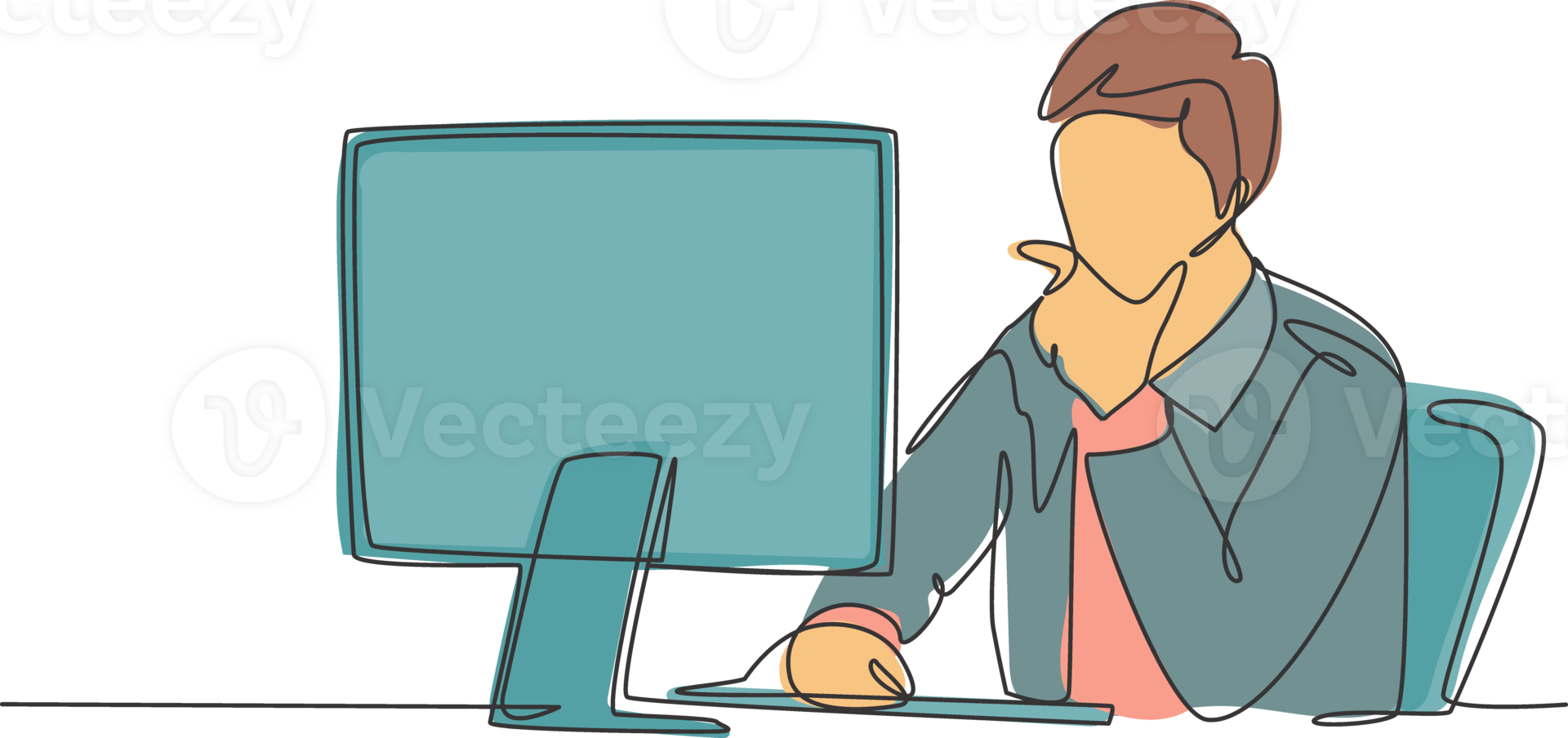 One single line drawing of young startup CEO sitting in front of computer and thinking seriously at the office. Business thinking concept continuous line draw design graphic illustration png