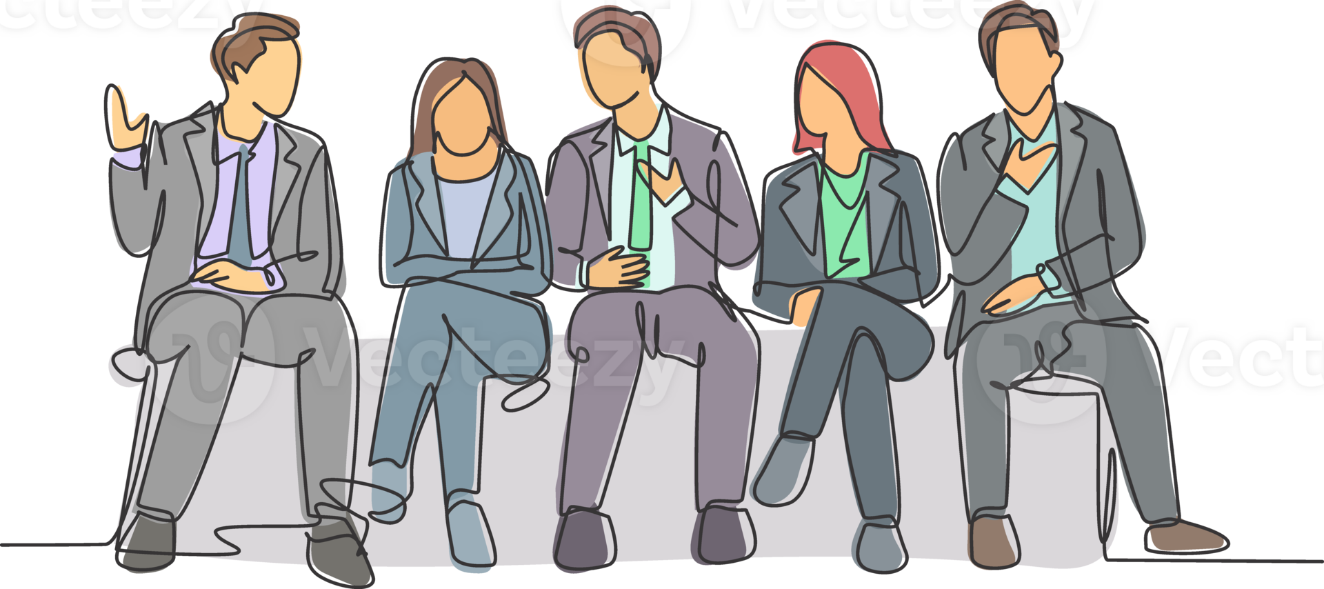 One continuous line drawing of young male and female interviewee sitting on chair waiting for their turn to be interviewed. Job applicant process concept single line draw design illustration png