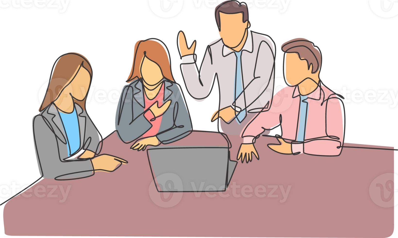 uno soltero línea dibujo de joven contento puesta en marcha trabajadores frente a ordenador portátil computadora a escucha el CEO presentación negocio plan. negocio reunión concepto continuo línea dibujar diseño ilustración png