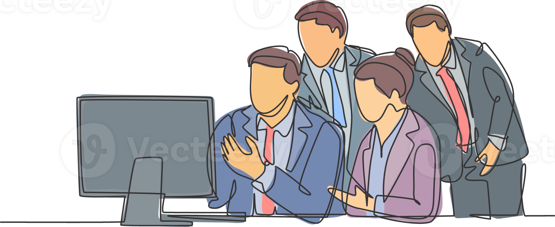 One single line drawing of young business man and business woman enrolled online conference via monitor screen. Modern teleconference concept continuous line draw design graphic illustration png