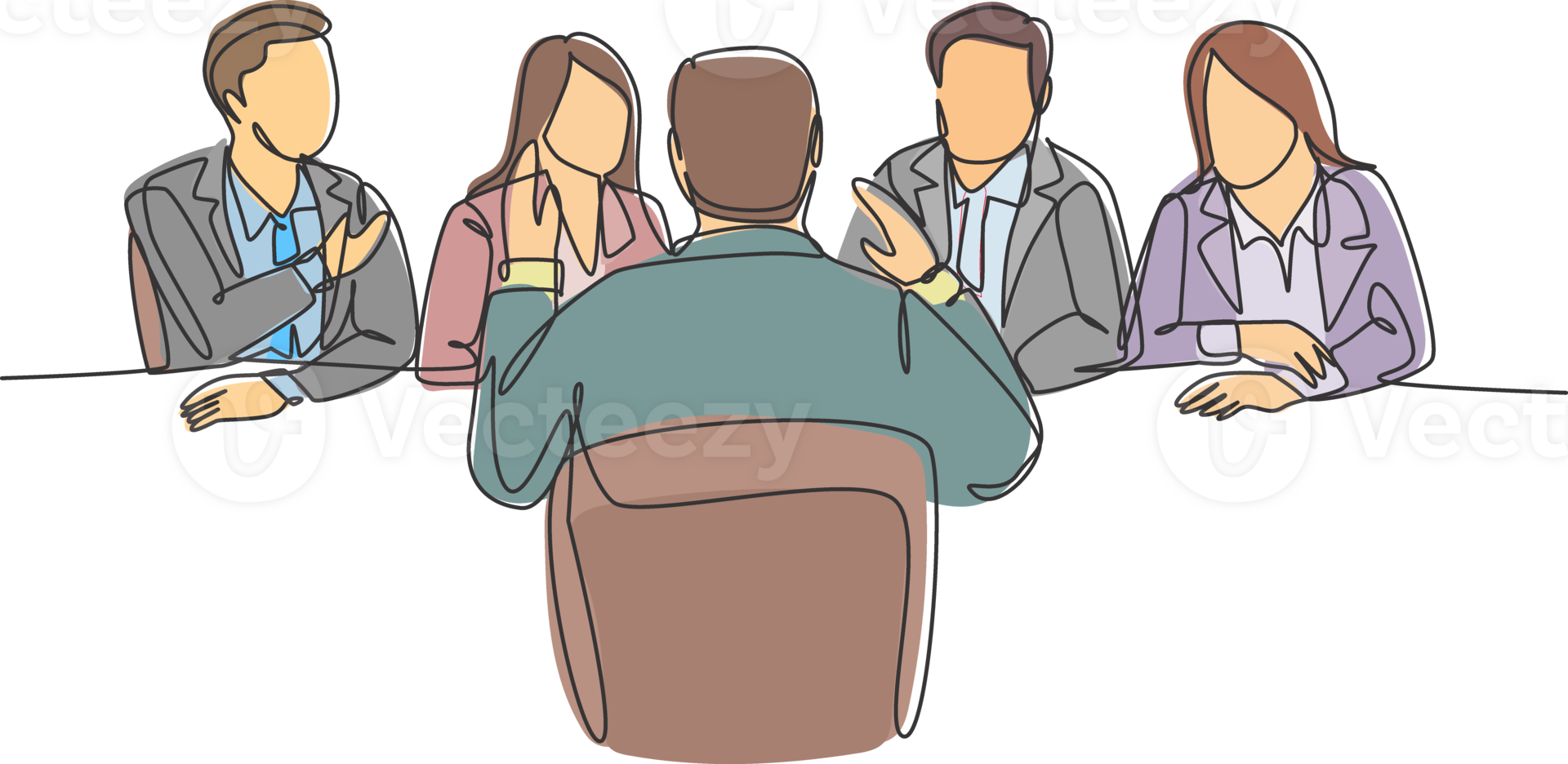 One single line drawing of young interviewee being interviewed by some company managers for job vacancy. Job interview process concept. Trendy continuous line draw design graphic illustration png