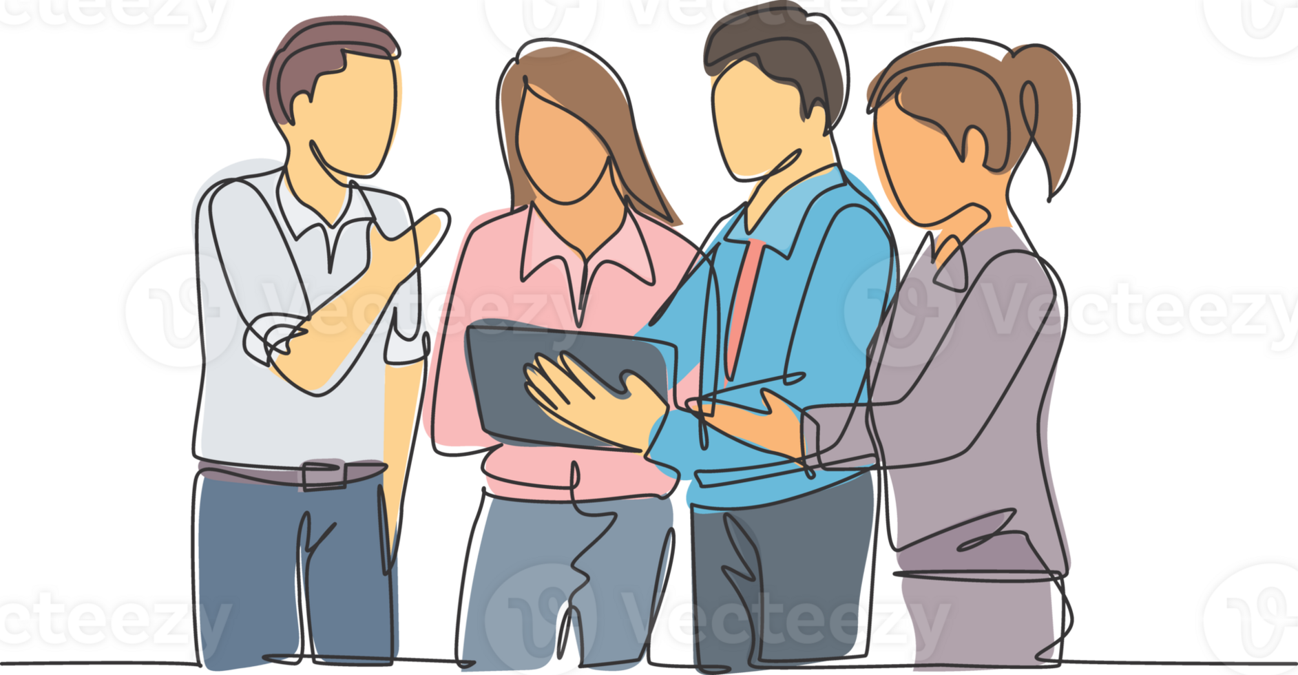 One single line drawing of young business man and business woman watching stock market movements on tablet screen at office. Stockbroker concept continuous line graphic draw design illustration png