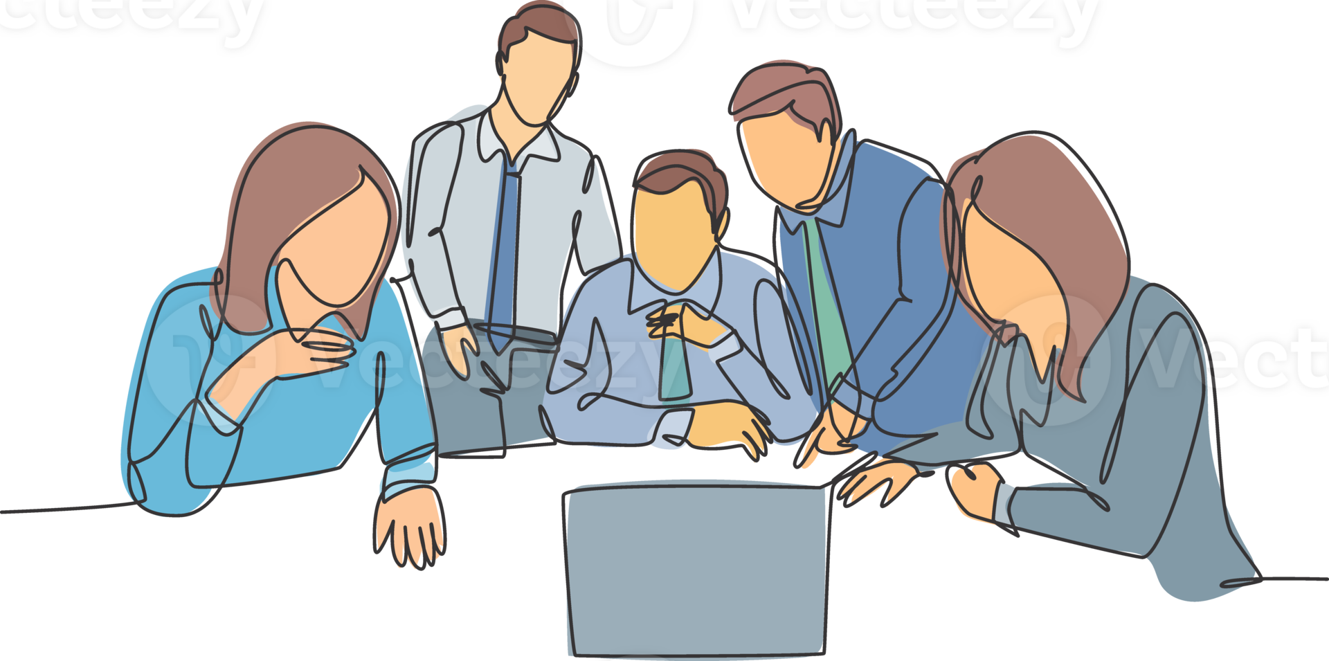 One continuous line drawing of team workers listening boss direction via teleconference on laptop at the office. Online meeting seminar concept. Single line draw graphic design illustration png