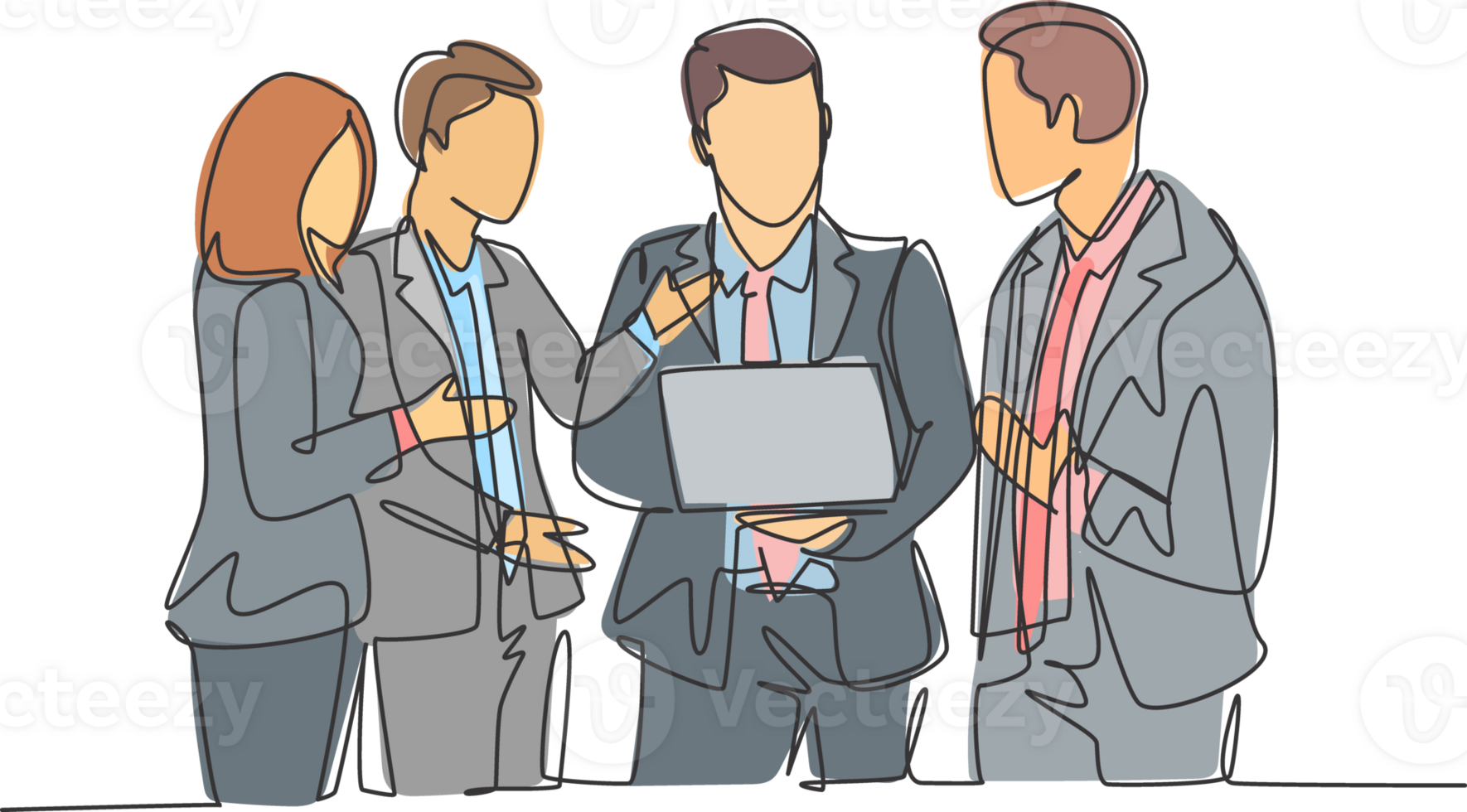One continuous line drawing of young male manager persuade little chat with some workers while holding a laptop at office. Business presentation single line draw design graphic illustration png