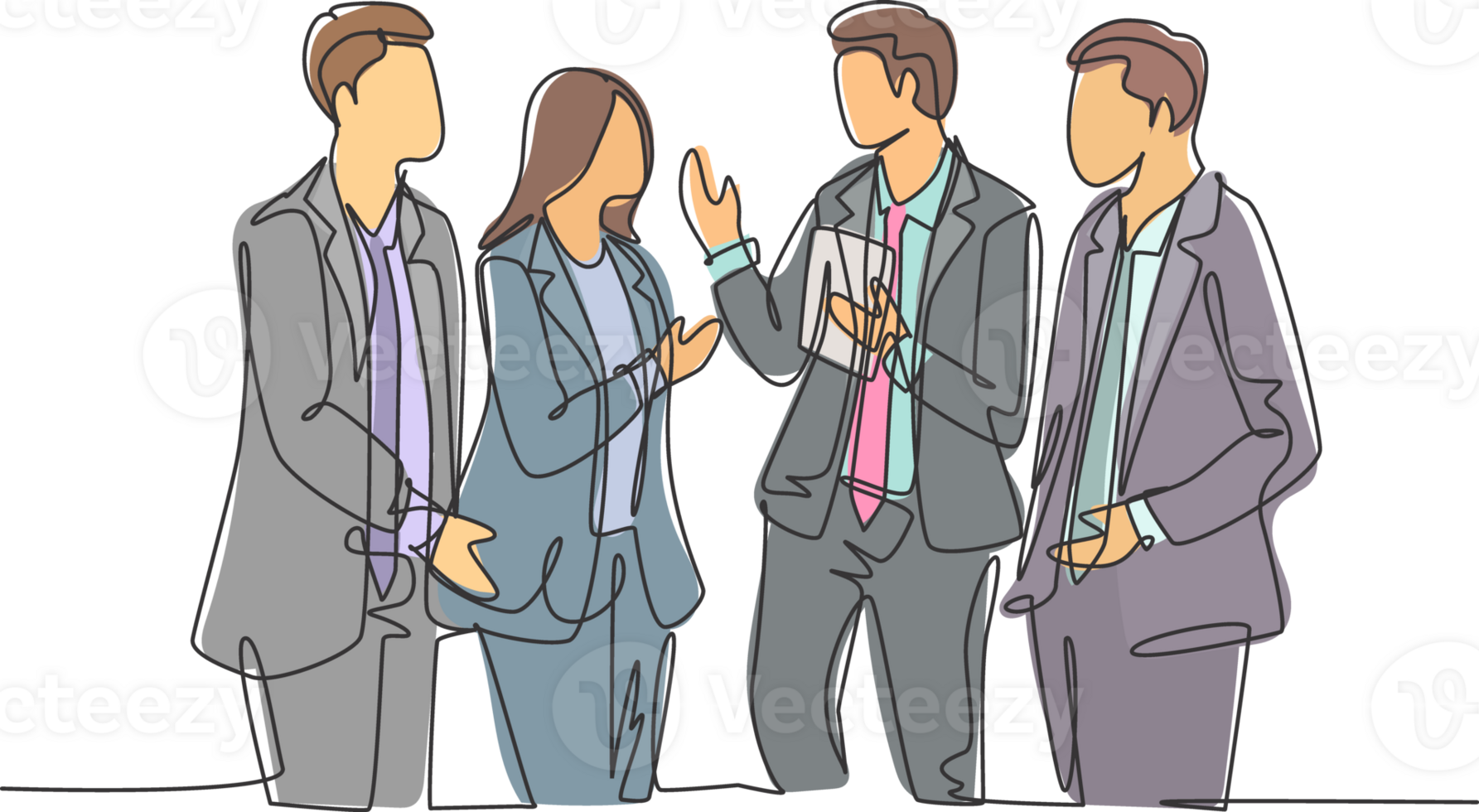 One continuous line drawing of young male and female employees have a little chat while a working break at the head office. Workers daily life concept single line draw design illustration png