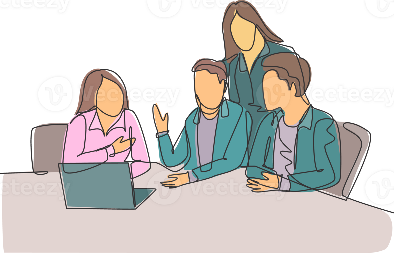 One single line drawing of young business men watching laptop screen during meeting with colleagues at office room. Brainstorming ideas concept. Continuous line draw design graphic illustration png