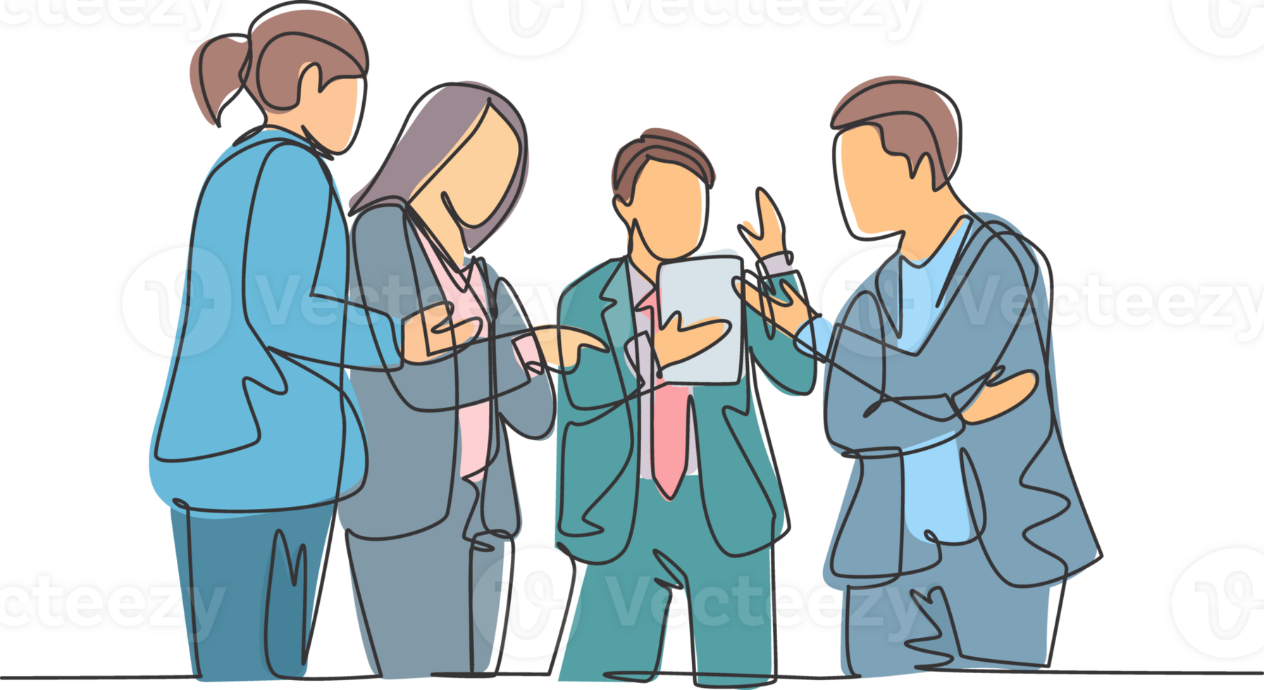 One single line drawing of young business man and business woman standing and discussing project company together at office. Informal meeting concept continuous line draw design illustration png