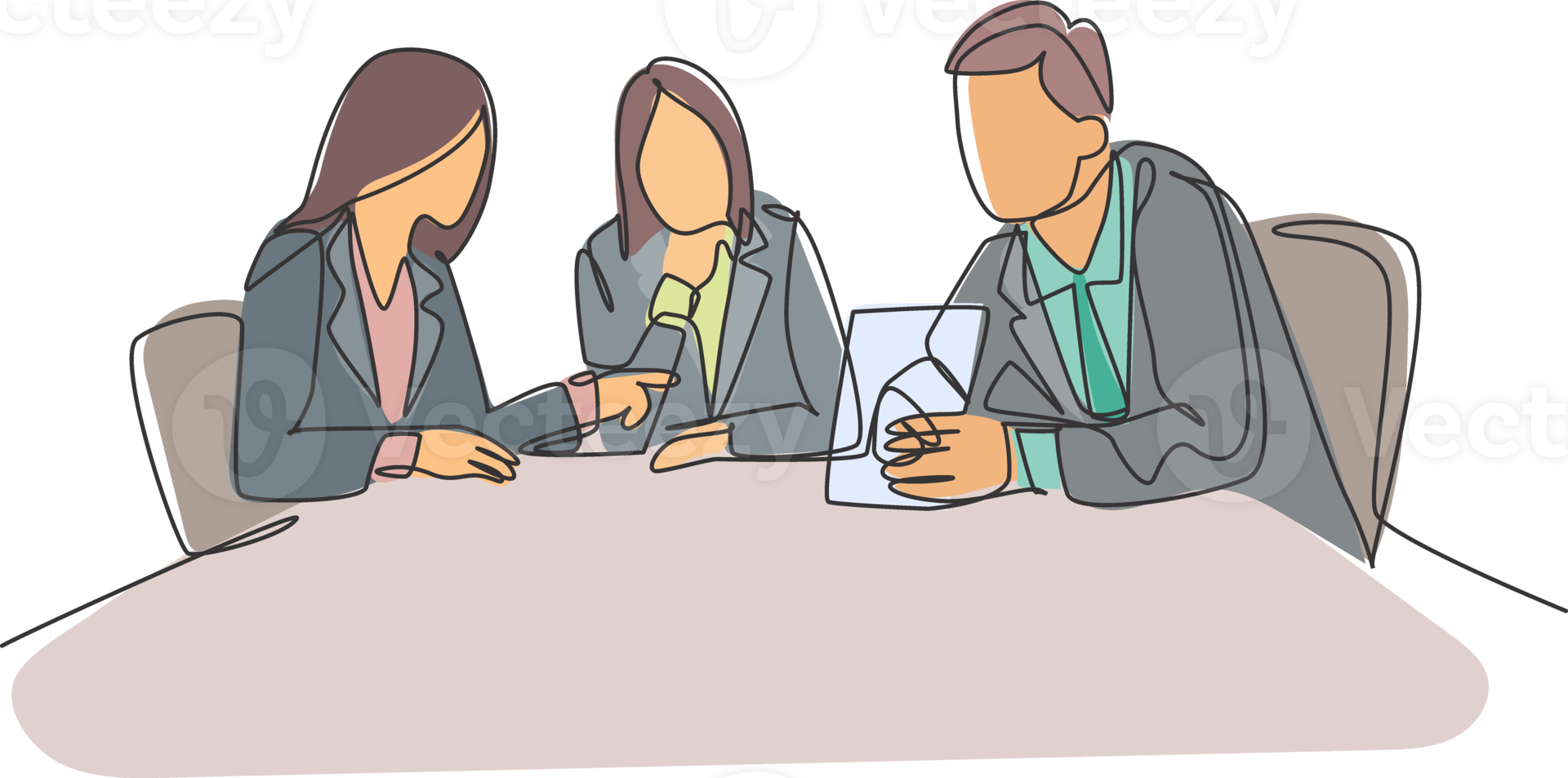 One single line drawing of young company founders brainstorming innovation ideas in a business meeting with colleagues. Startup process concept. Continuous line draw design graphic illustration png