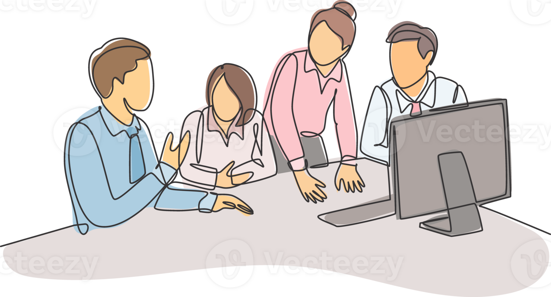 One single line drawing of young happy male and female business owner do conference about work together with computer monitor. Business collaboration concept continuous line draw illustration png