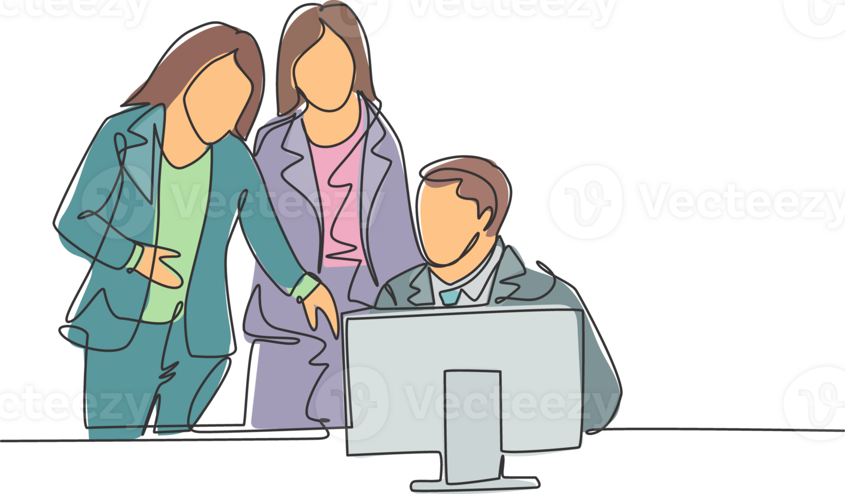 One continuous line drawing of young CEO train female team members to keep thinking of creating innovation at the office. Job training concept. Single line draw design graphic illustration png