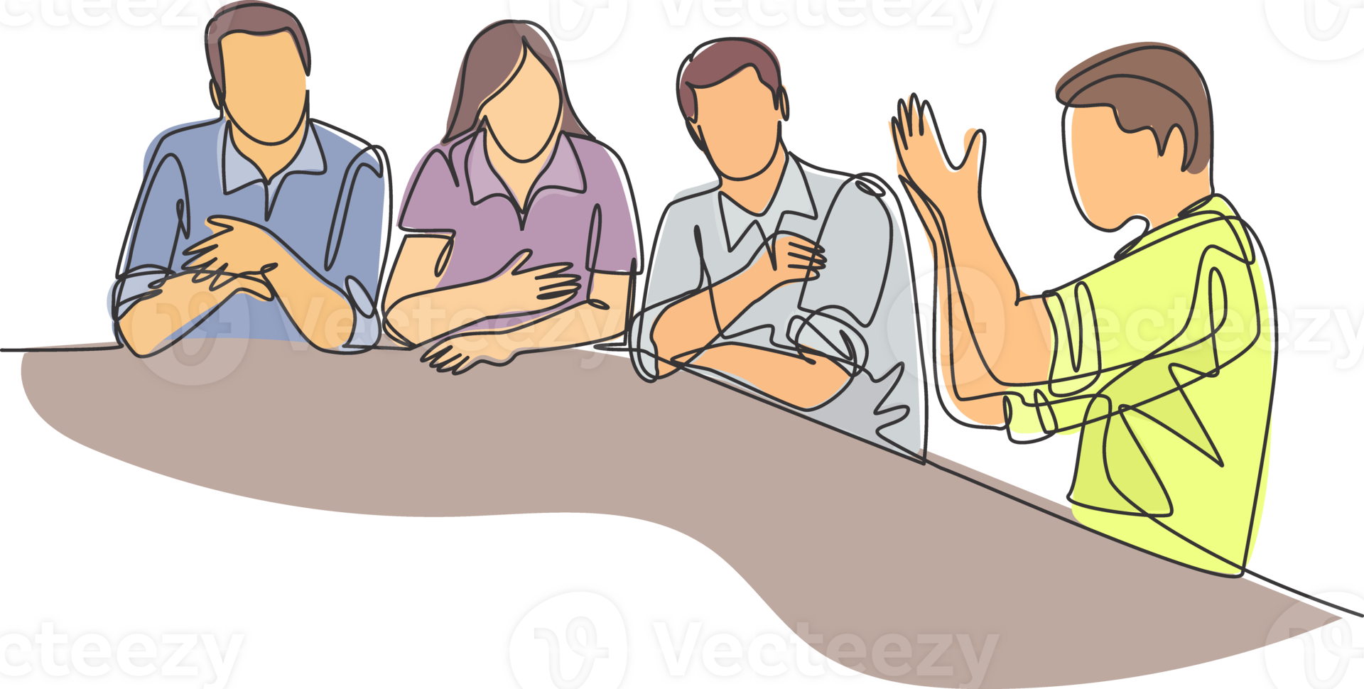 One single line drawing of young male and female workers discuss about project in company meeting. Business talk and discussion concept. Modern continuous line draw design graphic illustration png