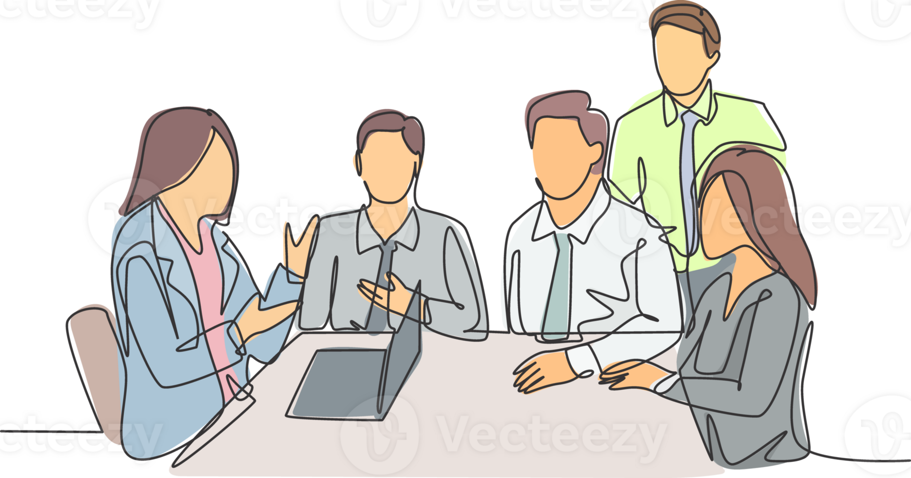 One single line drawing of female trainer coaching about business plan and business organization to young CEO at the office. Business training concept continuous line draw design illustration png