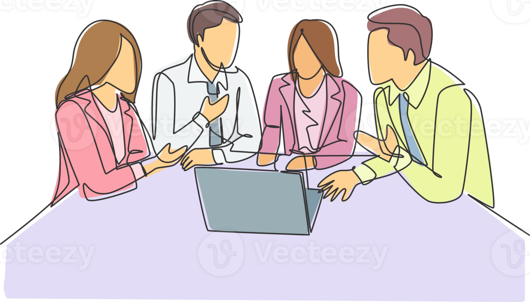 One continuous line drawing of young CEO presenting company business model to female team members at the office. Business meeting concept. Modern single line draw design graphic illustration png