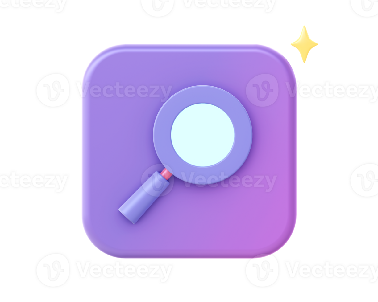 3d render of purple magnifying glass icon for UI UX web mobile apps social media ads design png