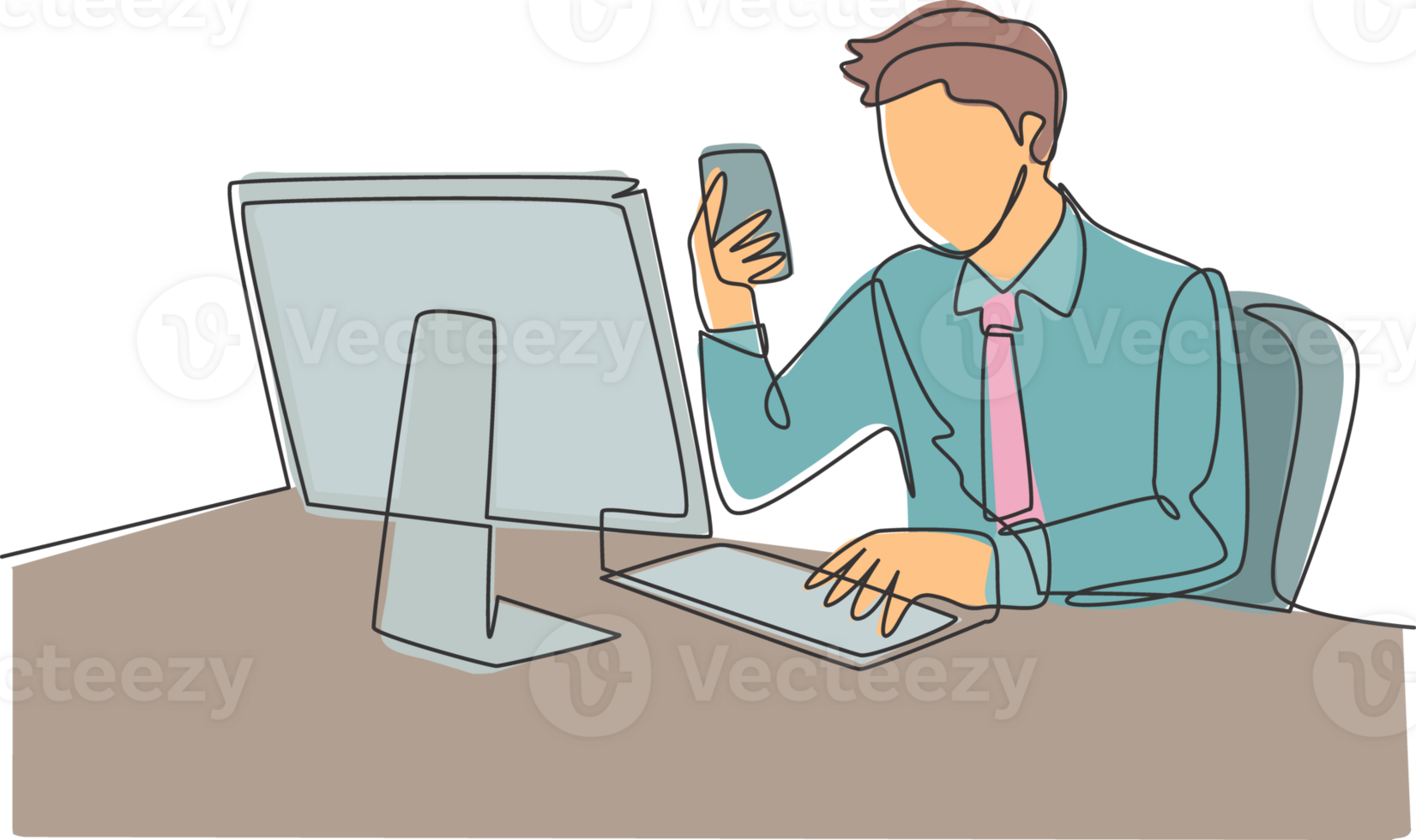 Single continuous line drawing of young manager typing message on smartphone and sending it to his colleague while sitting at the office. Text messaging concept one line draw design illustration png