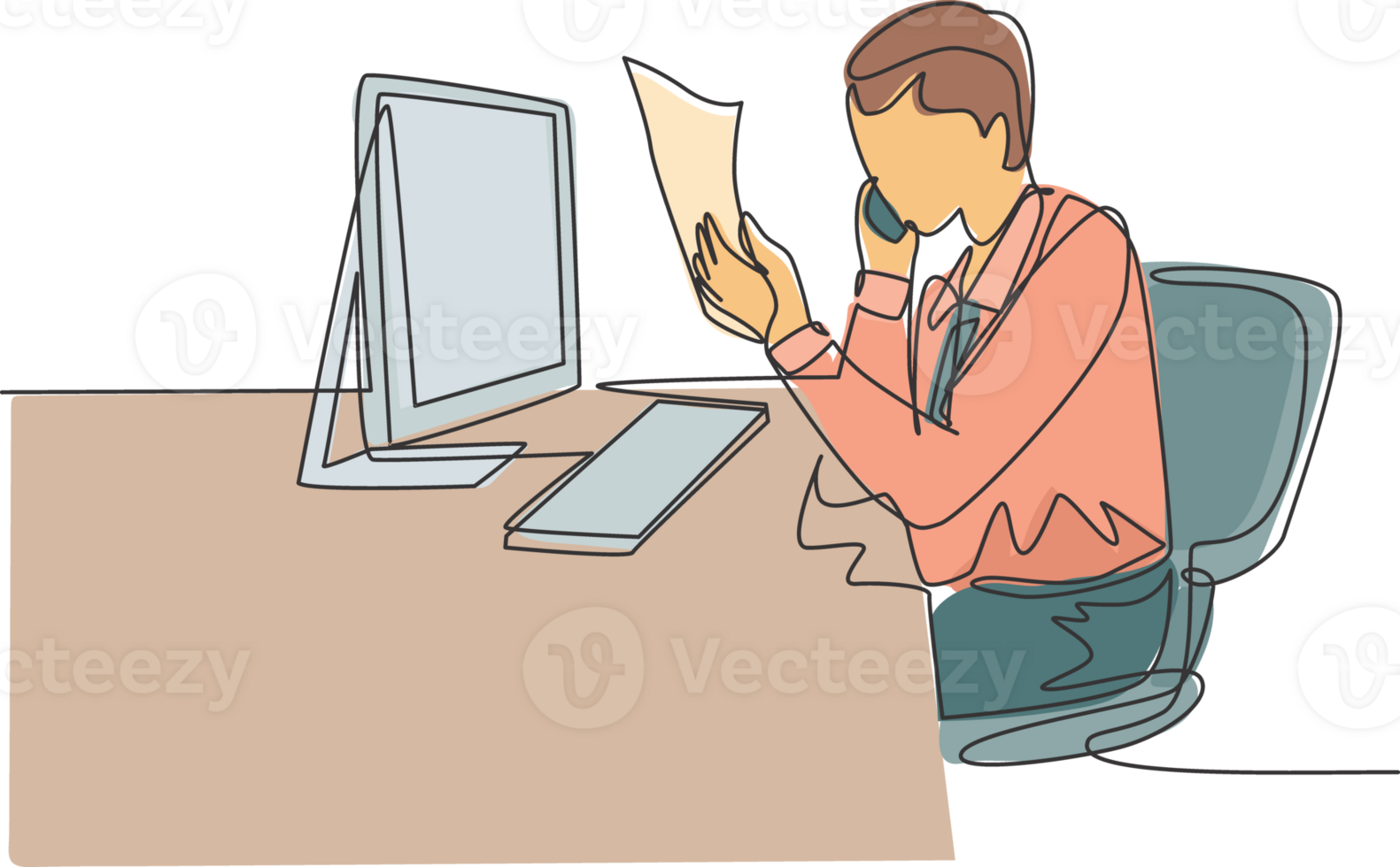 One single line drawing of young startup founder reading company annual report on tablet and calling team member to confirm. Report validation concept continuous line draw design illustration png